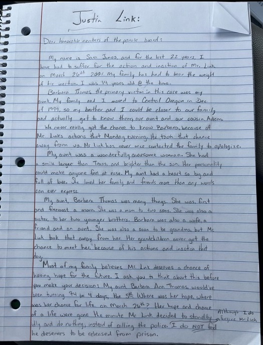 The letter Sara Jones read to the Oregon Parole Board regarding Justin Link's request for a sentence reduction, March 1, 2023 (Courtesy to KOIN)