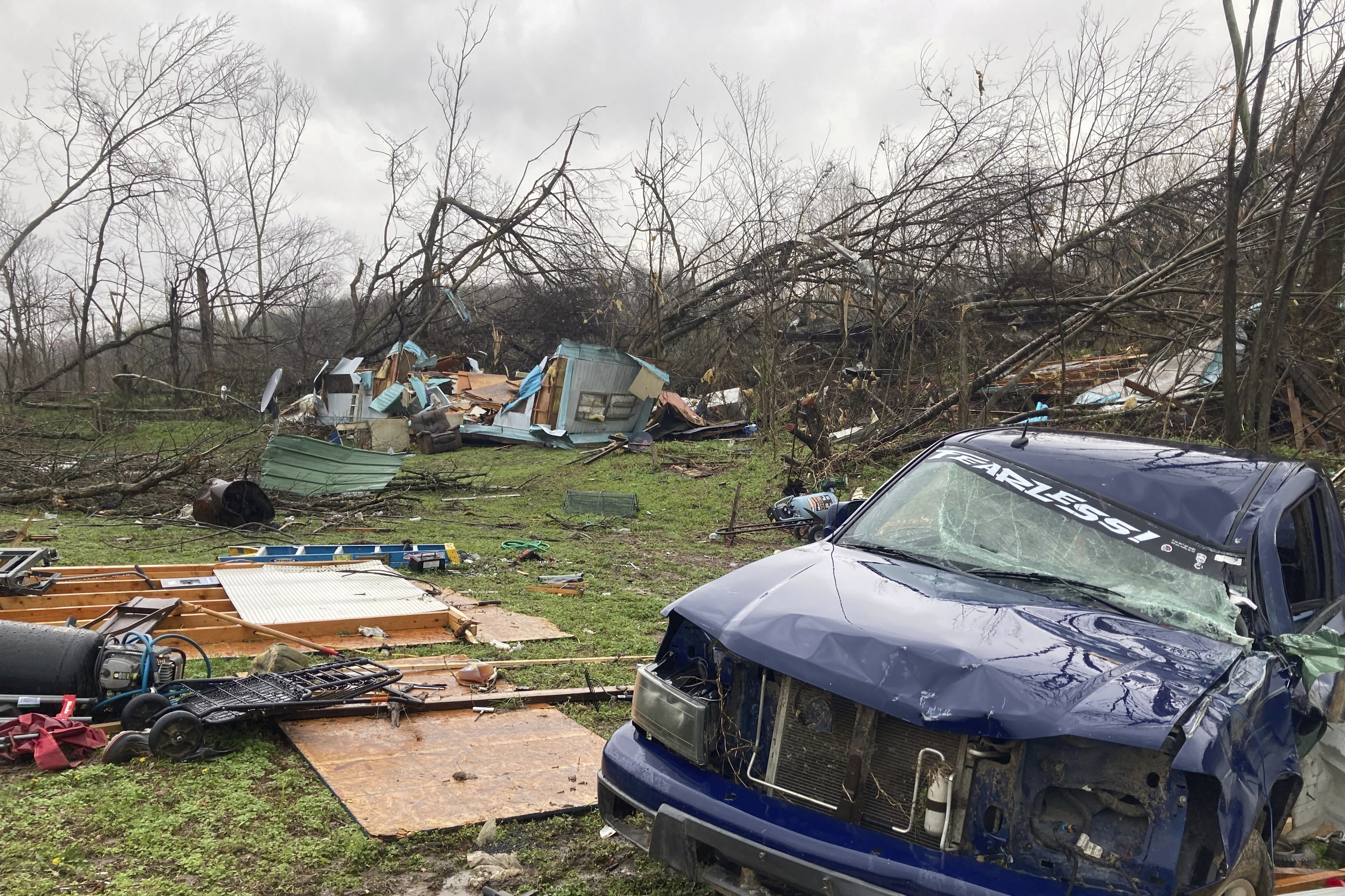 FILE - The remains of a mobile home that was torn apart by a tornado cover the ground in Glen Allen, Mo., on Wednesday, April 5, 2023. Five people who were either in the mobile home or in a camper parked next to it died in the tornado, the Missouri State Highway Patrol said Thursday, April 6. (AP Photo/Jim Salter, File)