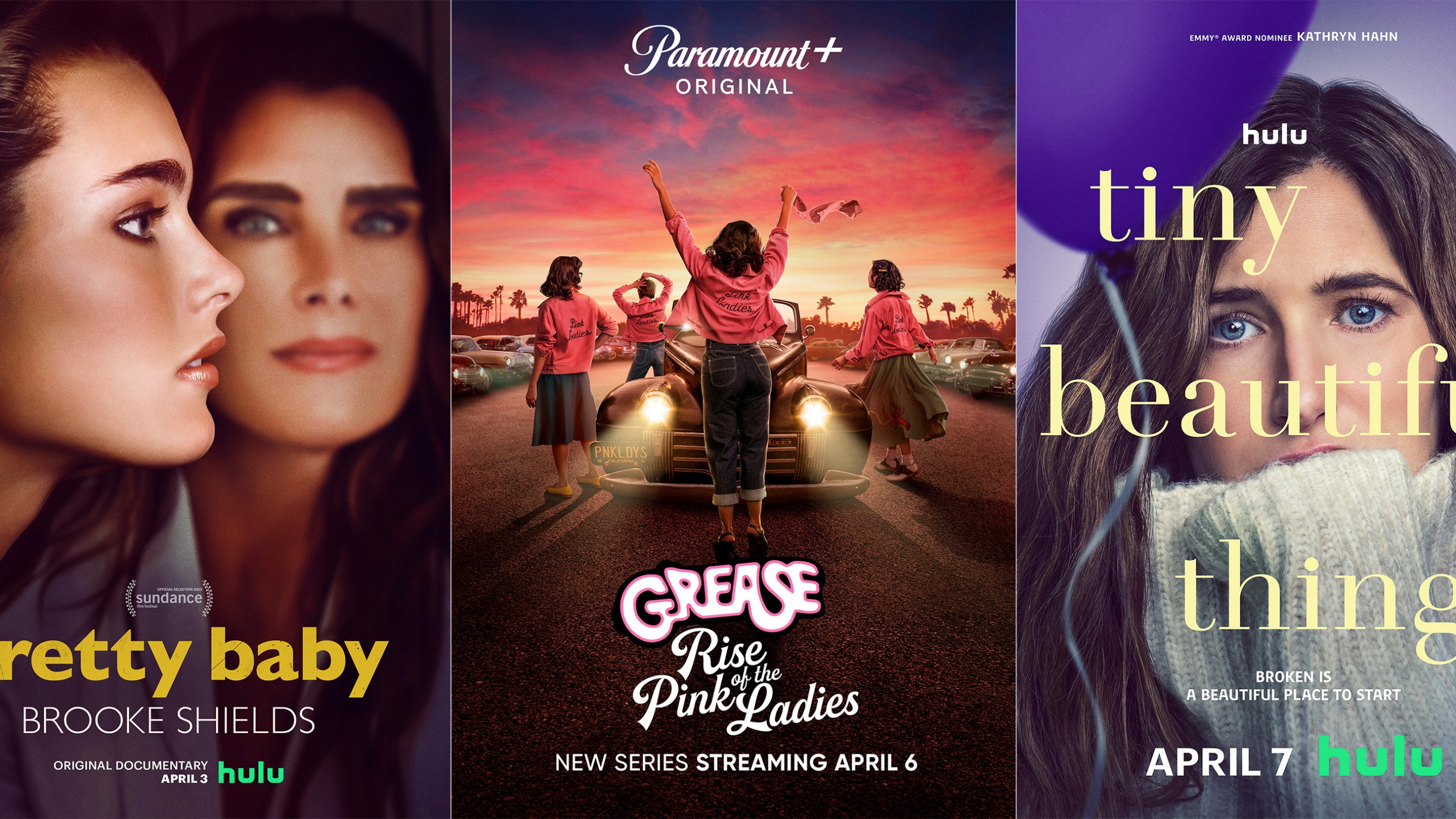 This combination of photos show promotional art for, from left, "Pretty Baby: Brooke Shields," a documentary premiering April 4 on Hulu, "Grease: Rise of the Pink Ladies," a series premiering April 6 on Paramount+, and "Tiny Beautiful Things," a series premiering April 7 on Hulu. (Hulu/Paramount+/Hulu via AP)