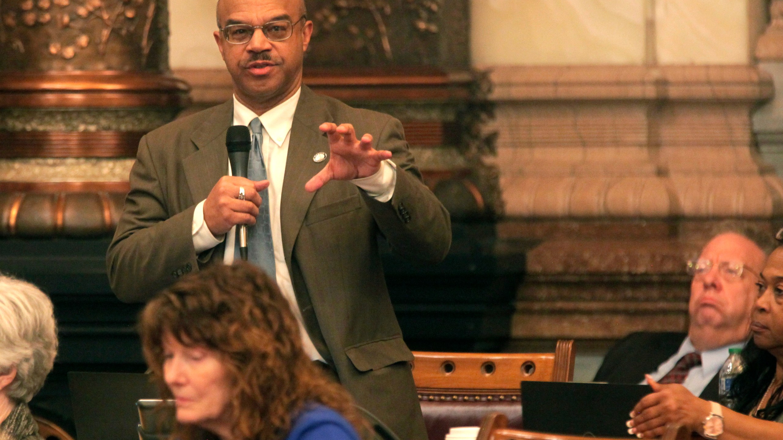 Kansas state Sen. David Haley, D-Kansas City, makes a point during a debate in the Senate, early Friday morning, April 7, 2023, at the Statehouse in Topeka, Kan. Haley and the Senate's other Democrats all voted against a bill that would require abortion providers to tell patients that a medication abortion can be reversed once it's started, something experts dispute. (AP Photo/John Hanna)