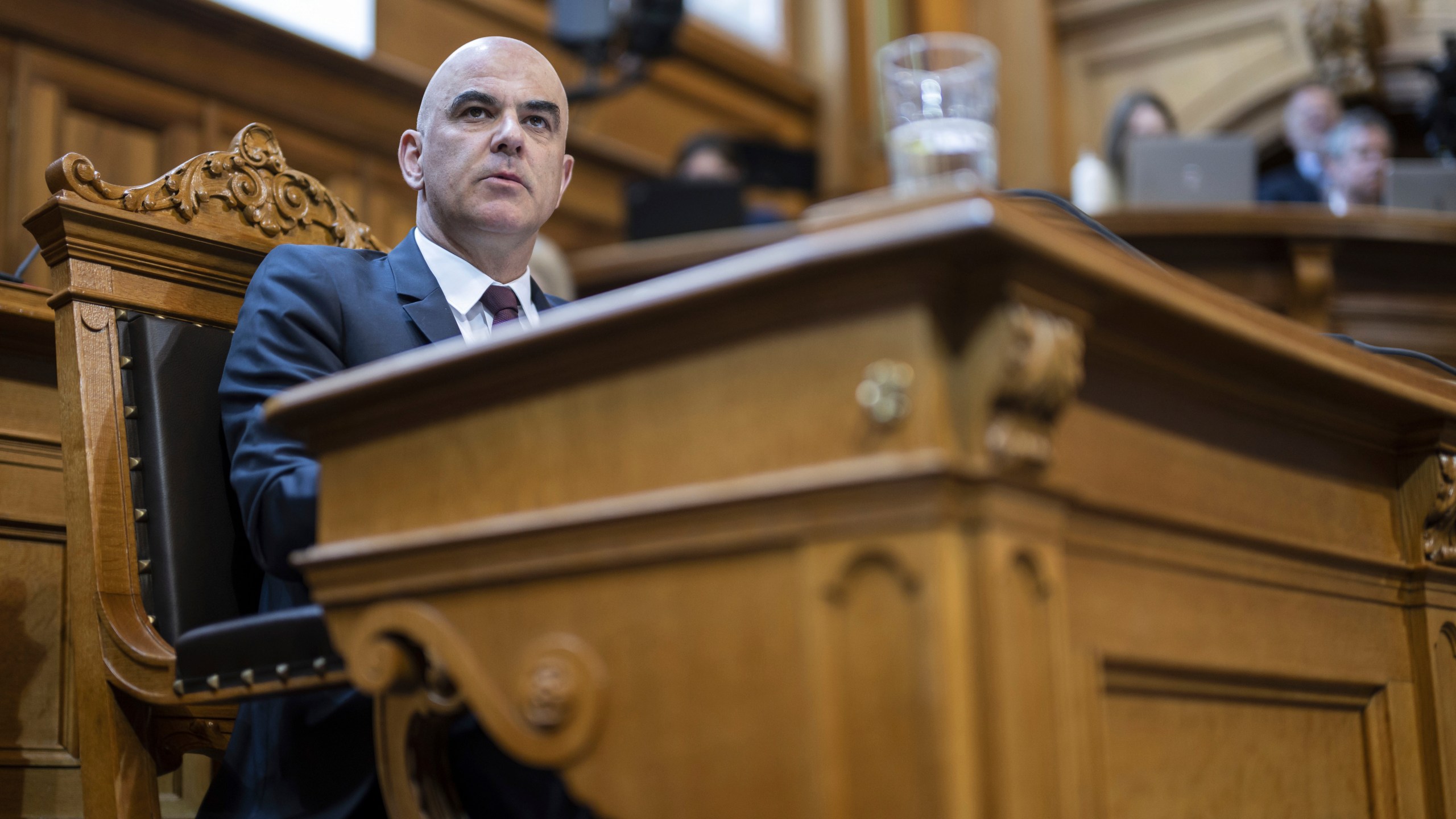 Swiss Federal President Alain Berset attends an extraordinary session of the Federal Assembly in Bern, Switzerland, Tuesday, April 11, 2023. Switzerland’s parliament is opening a special session to scrutinize the state-imposed takeover of Swiss bank Credit Suisse by rival UBS. (Alessandro della Valle/Keystone via AP)