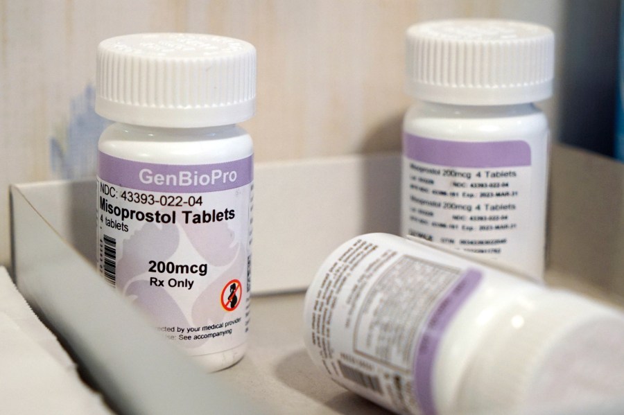 FILE - Bottles of the drug misoprostol sit on a table at the West Alabama Women's Center, March 15, 2022, in Tuscaloosa, Ala. White House officials warned on Wednesday, April 12, 2023, that access to nearly any medication is in jeopardy after a federal judge ordered that mifepristone, a pill commonly used for abortions, be pulled off the market, and they said they're consulting with lawmakers, doctors and pharmacies to fight the ruling. (AP Photo/Allen G. Breed, File)