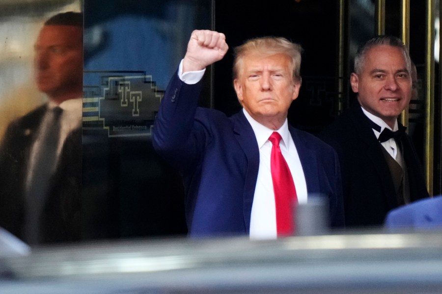 Former President Donald Trump leaves Trump Tower in New York on Tuesday, April 4, 2023. Trump will surrender in Manhattan to face criminal charges stemming from 2016 hush money payments. (AP Photo/Bryan Woolston)