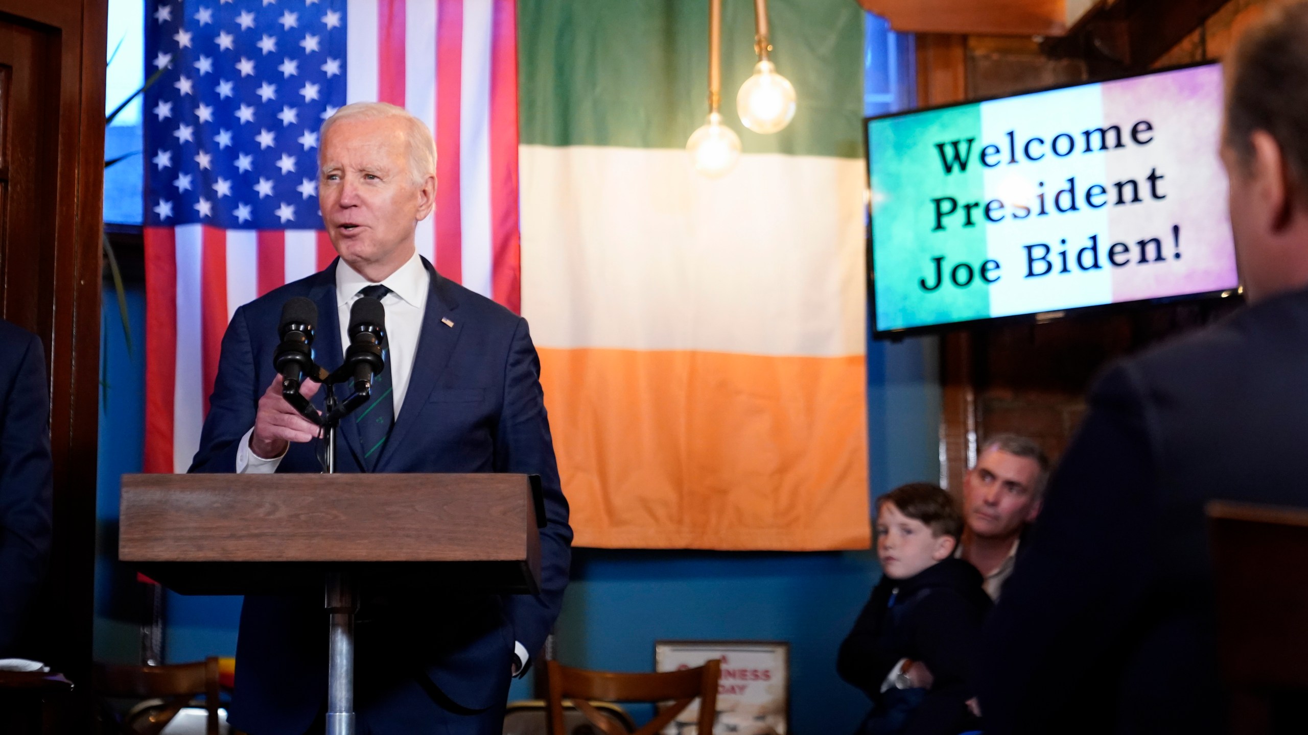 President Joe Biden speaks at the Windsor Bar and Restaurant in Dundalk, Ireland, Wednesday, April 12, 2023. (AP Photo/Patrick Semansky)