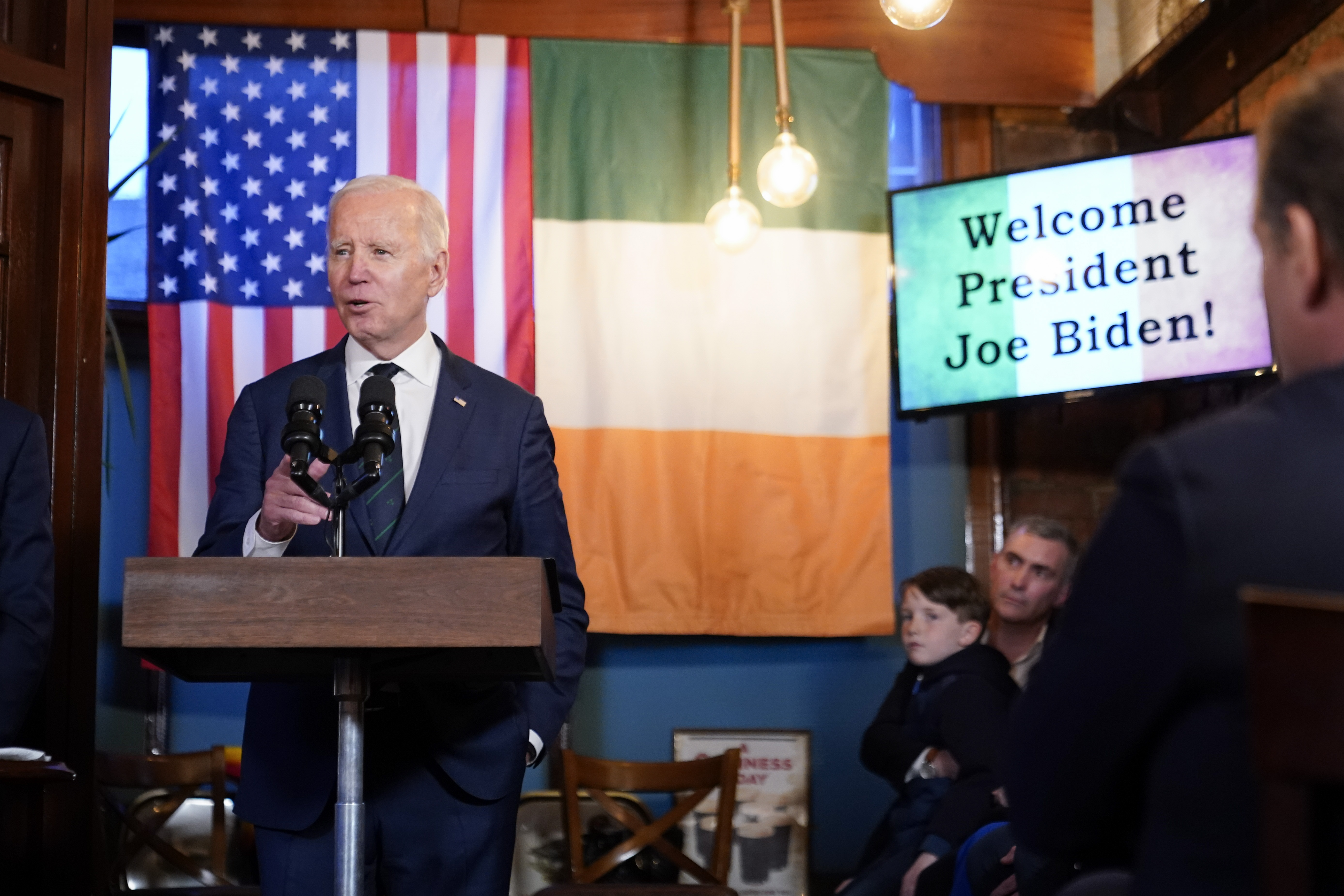 President Joe Biden speaks at the Windsor Bar and Restaurant in Dundalk, Ireland, Wednesday, April 12, 2023. (AP Photo/Patrick Semansky)