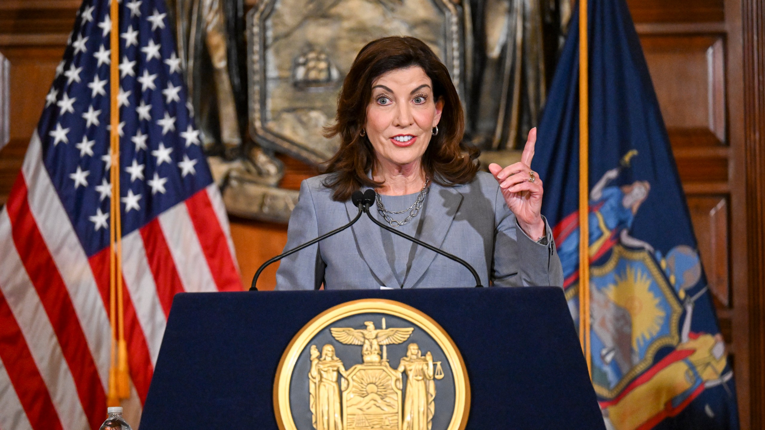 FILE - New York Gov. Kathy Hochul speaks to reporters about legislation passed during a special legislative session in the Red Room at the state Capitol, July 1, 2022, in Albany, N.Y. For California, New York and some other states trying to position themselves as safe havens for those seeking abortions, a federal court ruling this week, Wednesday, April 12, 2023, could be a setback, adding barriers to obtaining one of the two drugs usually used in combination to end pregnancies with medication. (AP Photo/Hans Pennink, File)