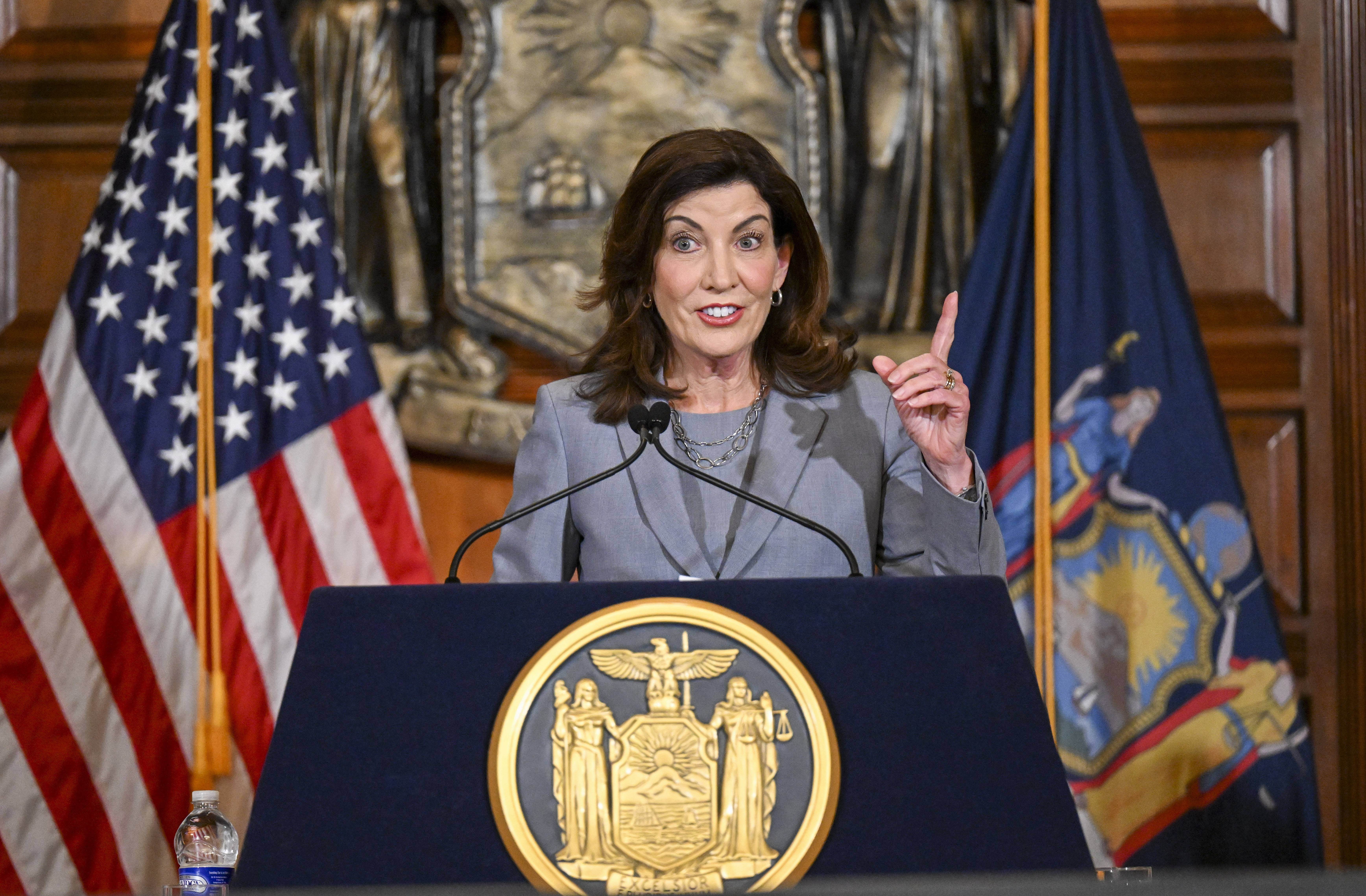 FILE - New York Gov. Kathy Hochul speaks to reporters about legislation passed during a special legislative session in the Red Room at the state Capitol, July 1, 2022, in Albany, N.Y. For California, New York and some other states trying to position themselves as safe havens for those seeking abortions, a federal court ruling this week, Wednesday, April 12, 2023, could be a setback, adding barriers to obtaining one of the two drugs usually used in combination to end pregnancies with medication. (AP Photo/Hans Pennink, File)