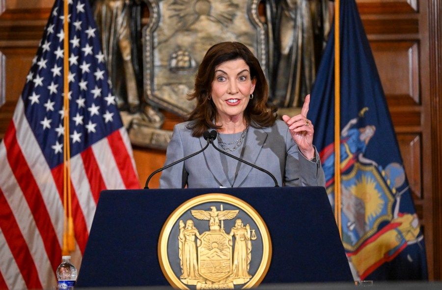 FILE - New York Gov. Kathy Hochul speaks to reporters about legislation passed during a special legislative session in the Red Room at the state Capitol, July 1, 2022, in Albany, N.Y. For California, New York and some other states trying to position themselves as safe havens for those seeking abortions, a federal court ruling this week, Wednesday, April 12, 2023, could be a setback, adding barriers to obtaining one of the two drugs usually used in combination to end pregnancies with medication. (AP Photo/Hans Pennink, File)