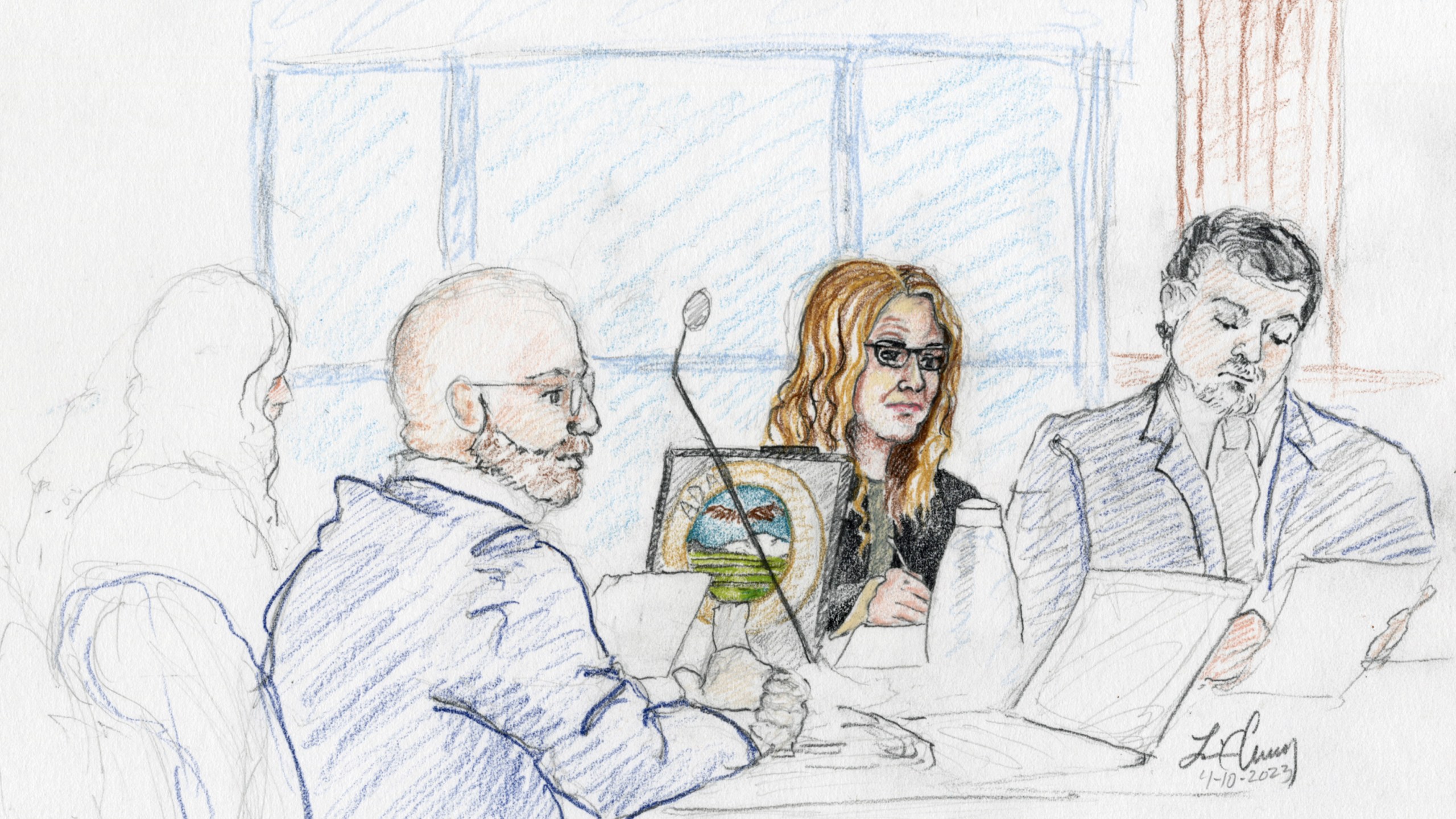 This courtroom sketch, from left, depicts Madison County prosecutor Rob Wood, Lori Vallow Daybell and defense attorney Jim Archibald during opening statements of Vallow Daybell's murder trial in Boise, Idaho, Monday, April 10, 2023. Prosecutors have charged Vallow Daybell and her husband, Chad Daybell, with multiple counts of conspiracy, murder and grand theft in connection with the deaths of Vallow Daybell's two children: Joshua "JJ" Vallow and Tylee Ryan. Both are also charged in connection with the death of Chad Daybell's previous wife, Tammy Daybell. (Lisa C. Cheney via AP)