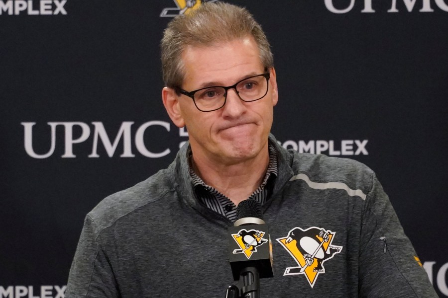 FILE - Pittsburgh Penguins general manager Ron Hextall takes questions during his end-of-season NHL hockey news conference, Monday, May 23, 2022, in Cranberry Township, Butler County, Pa. The Penguins fired Hextall on Friday, April 14, 2023, after the team failed to make the playoffs for the first time since 2006. (AP Photo/Keith Srakocic, File)