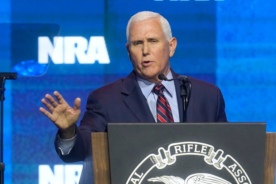 Former Vice President Mike Pence speaks during at the National Rifle Association Convention, Friday, April 14, 2023, in Indianapolis. (AP Photo/Darron Cummings)