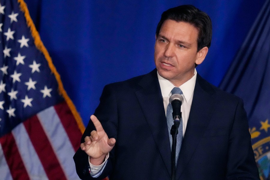 Florida Gov. Ron DeSantis speaks at a New Hampshire Republican Party dinner, Friday, April 14, 2023, in Manchester, N.H. (AP Photo/Charles Krupa)