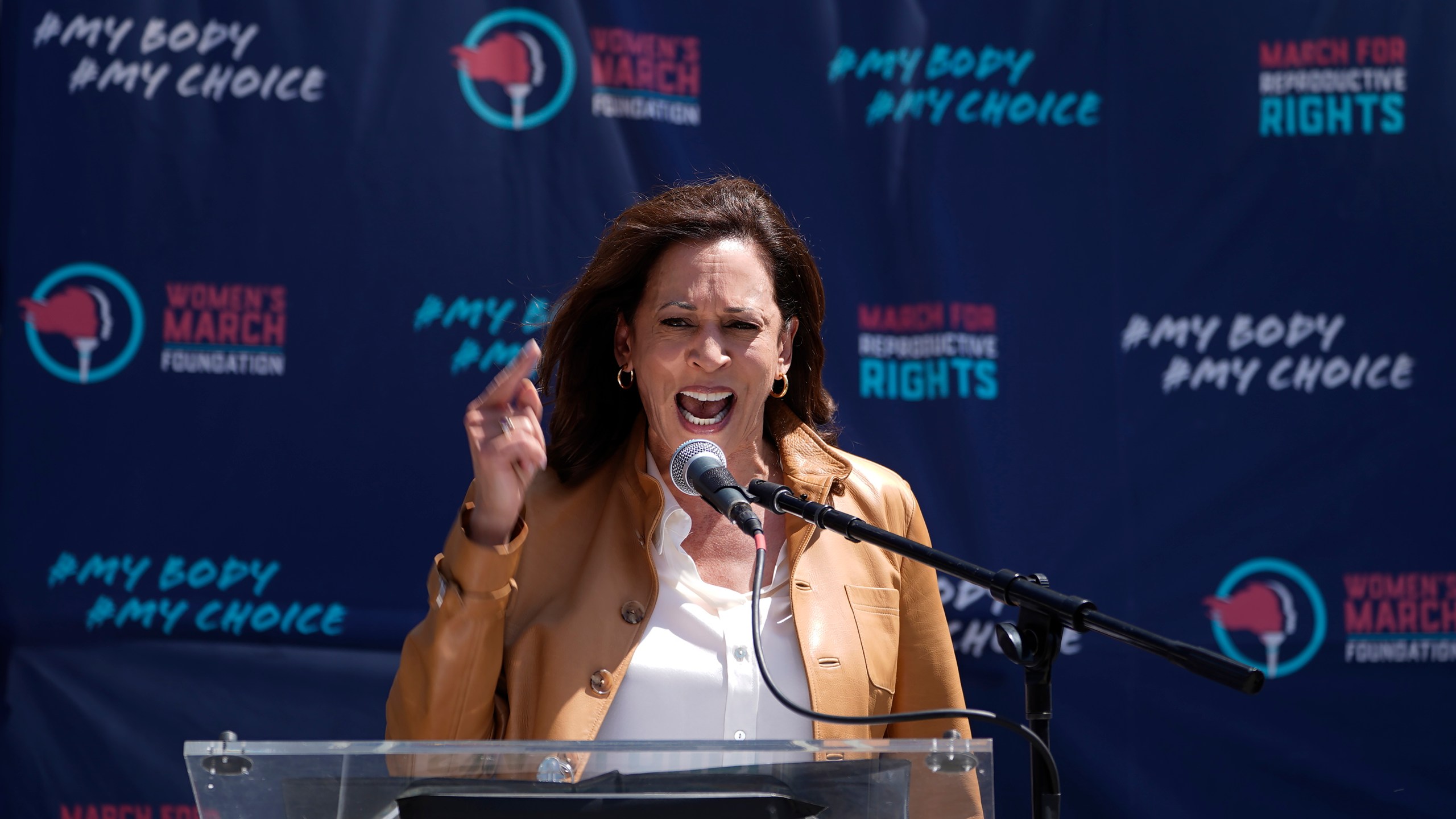 Vice President Kamala Harris gives remarks at the Women's March in Los Angeles Saturday, Apr. 15, 2023. Nationwide rallies come after the U.S. Supreme Court intervened Friday to delay rule changes that would have limited the way the abortion drug mifepristone could be used and dispensed, to give itself more time to review the matter more thoroughly. (AP Photo/Damian Dovarganes)