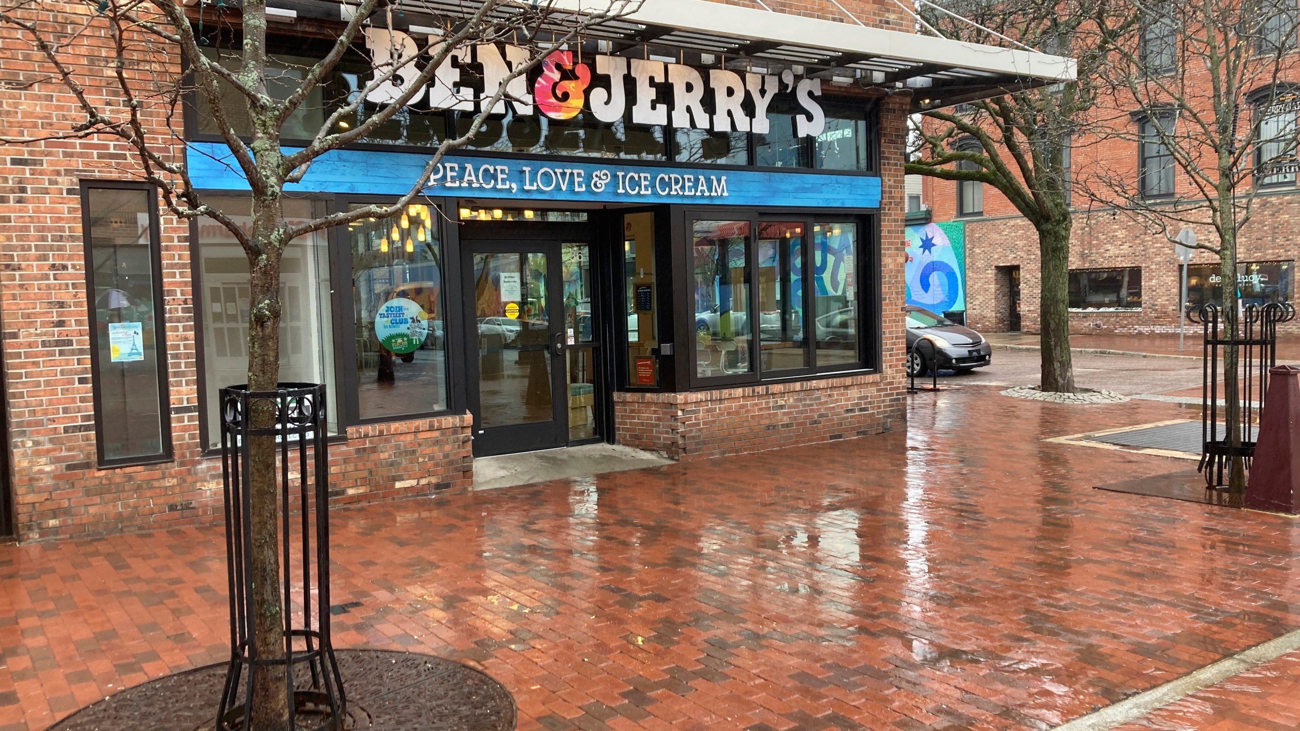 The front of the Ben Jerry's ice cream shop in Burlington, Vt., on Monday April 17, 2023. About 40 workers at the shop near where the company was founded announced Monday they were seeking to form a union. (AP Photo/Wilson Ring)