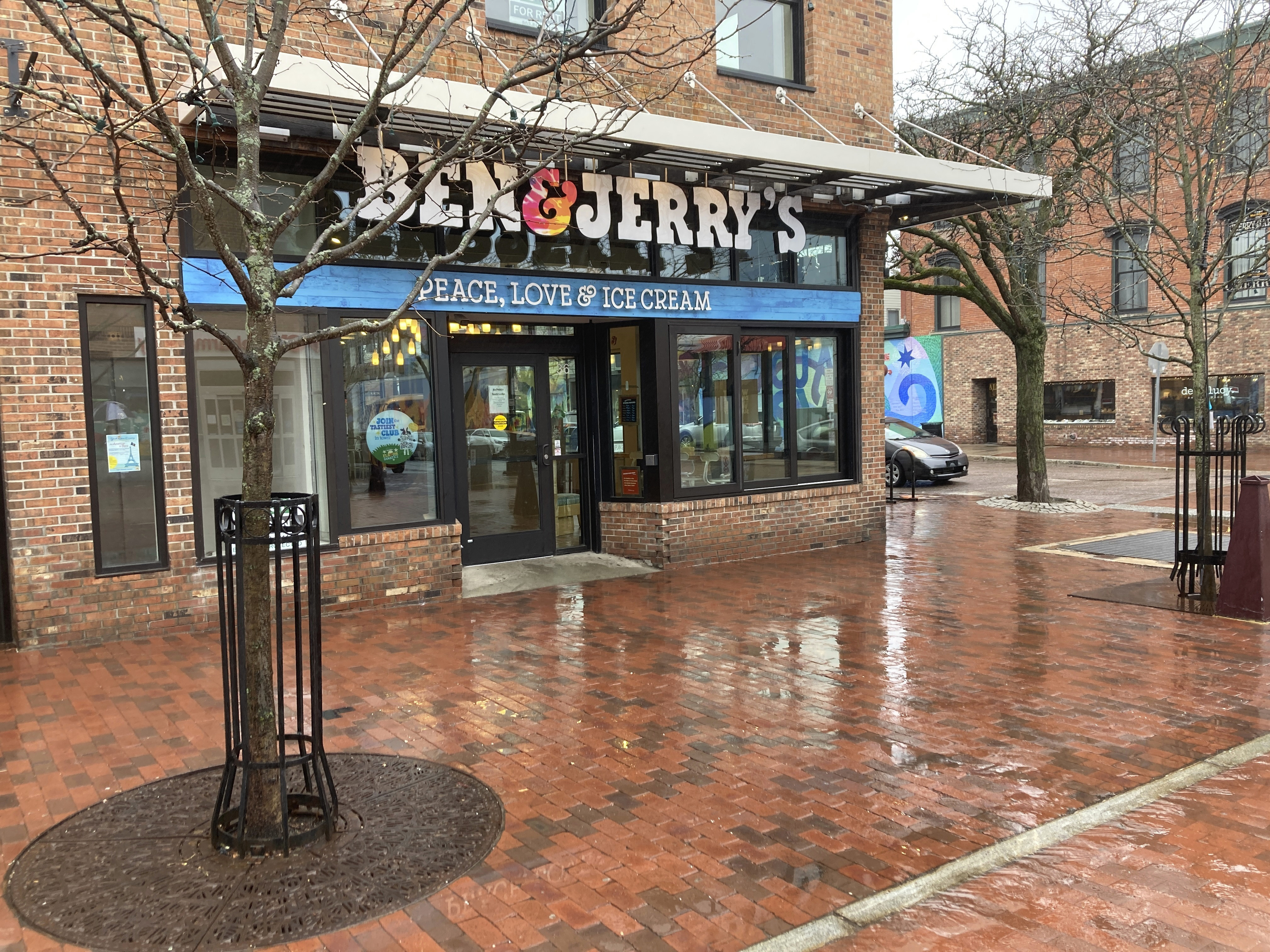 The front of the Ben Jerry's ice cream shop in Burlington, Vt., on Monday April 17, 2023. About 40 workers at the shop near where the company was founded announced Monday they were seeking to form a union. (AP Photo/Wilson Ring)