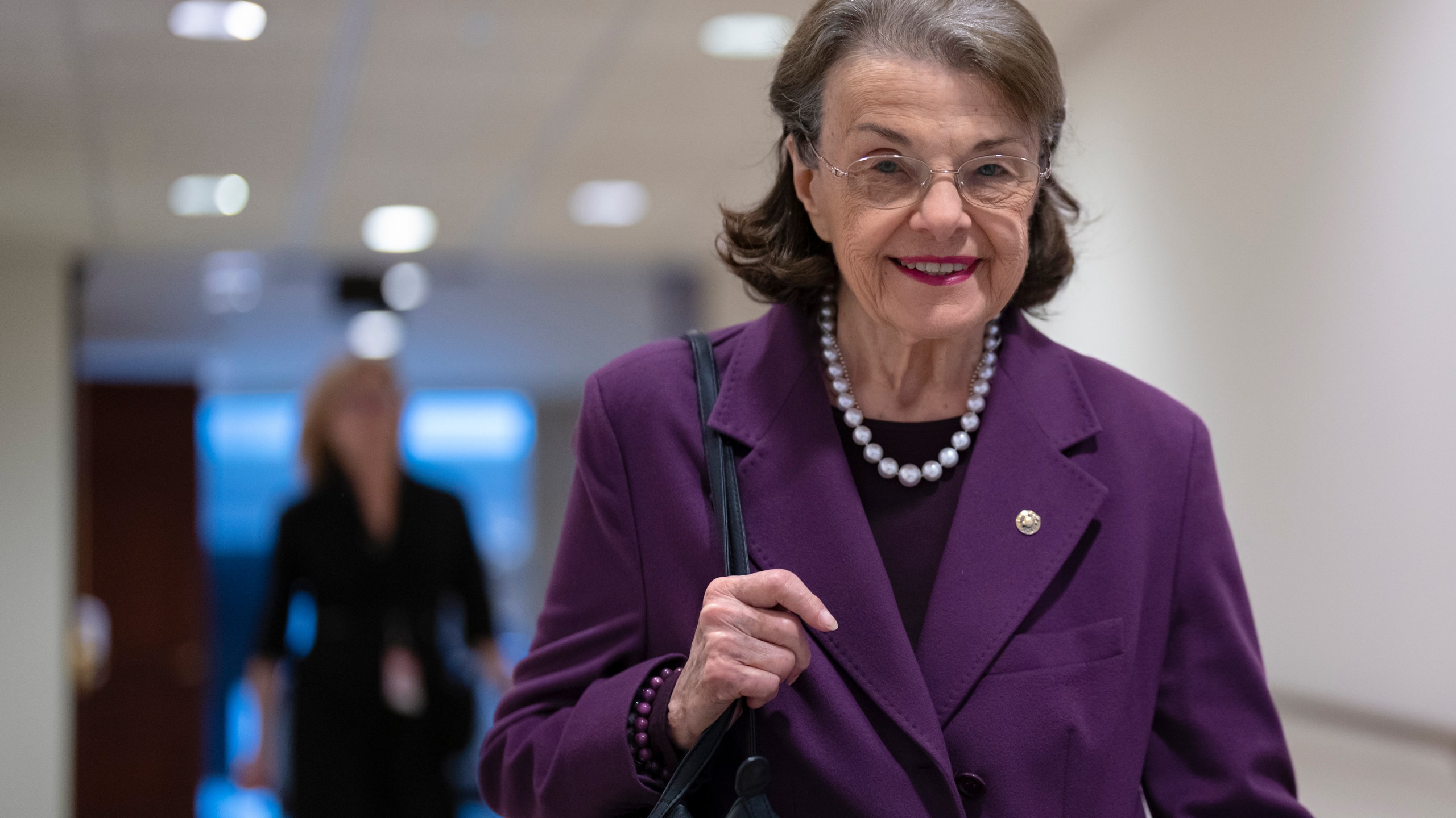 FILE - Sen. Dianne Feinstein, D-Calif., leaves a classified briefing on China, at the Capitol in Washington, Wednesday, Feb. 15, 2023. Democrats’ efforts to temporarily replace Feinstein on the Senate Judiciary Committee met quick opposition Monday, April 17, from some Republicans, potentially complicating the plan even as some of President Joe Biden’s judicial nominees remain on hold during her extended medical absence. Feinstein, 89, last week asked to be temporarily replaced on the Senate Judiciary Committee while she recuperates in her home state from a case of the shingles. (AP Photo/J. Scott Applewhite, File)