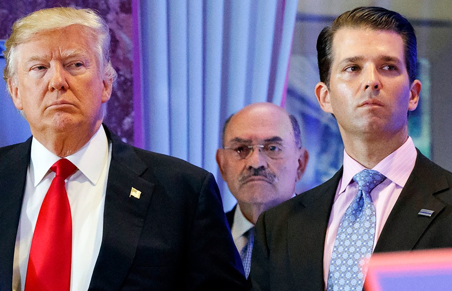 FILE - President-elect Donald Trump, left, his chief financial officer Allen Weisselberg, center, and his son Donald Trump Jr., right, attend a news conference at Trump Tower in New York, on Jan. 11, 2017. Weisselberg got out of jail Wednesday, April 19, 2023, but he might not have freed himself from the legal morass surrounding the former president. (AP Photo/Evan Vucci, File)