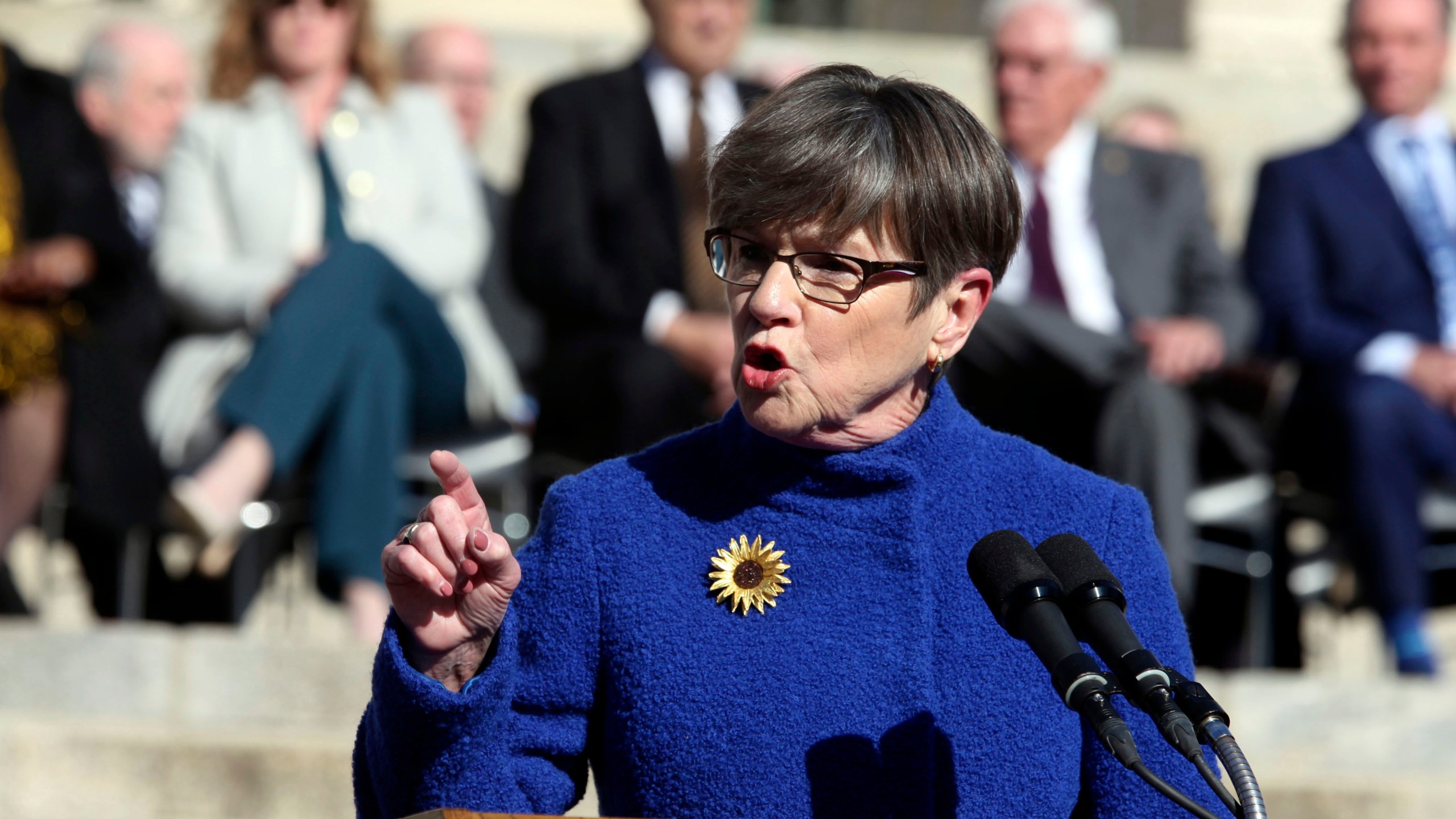 FILE - Kansas Gov. Laura Kelly gives her inaugural address to start her second term in office, Monday, Jan. 9, 2023, outside the Statehouse in Topeka, Kan. The Democratic governor has vetoed Republican bill, Wednesday, APril 19, 2023, that would require abortion providers to tell their patients that a medication abortion can be stopped using an unproven approach touted by anti-abortion groups. (AP Photo/John Hanna)