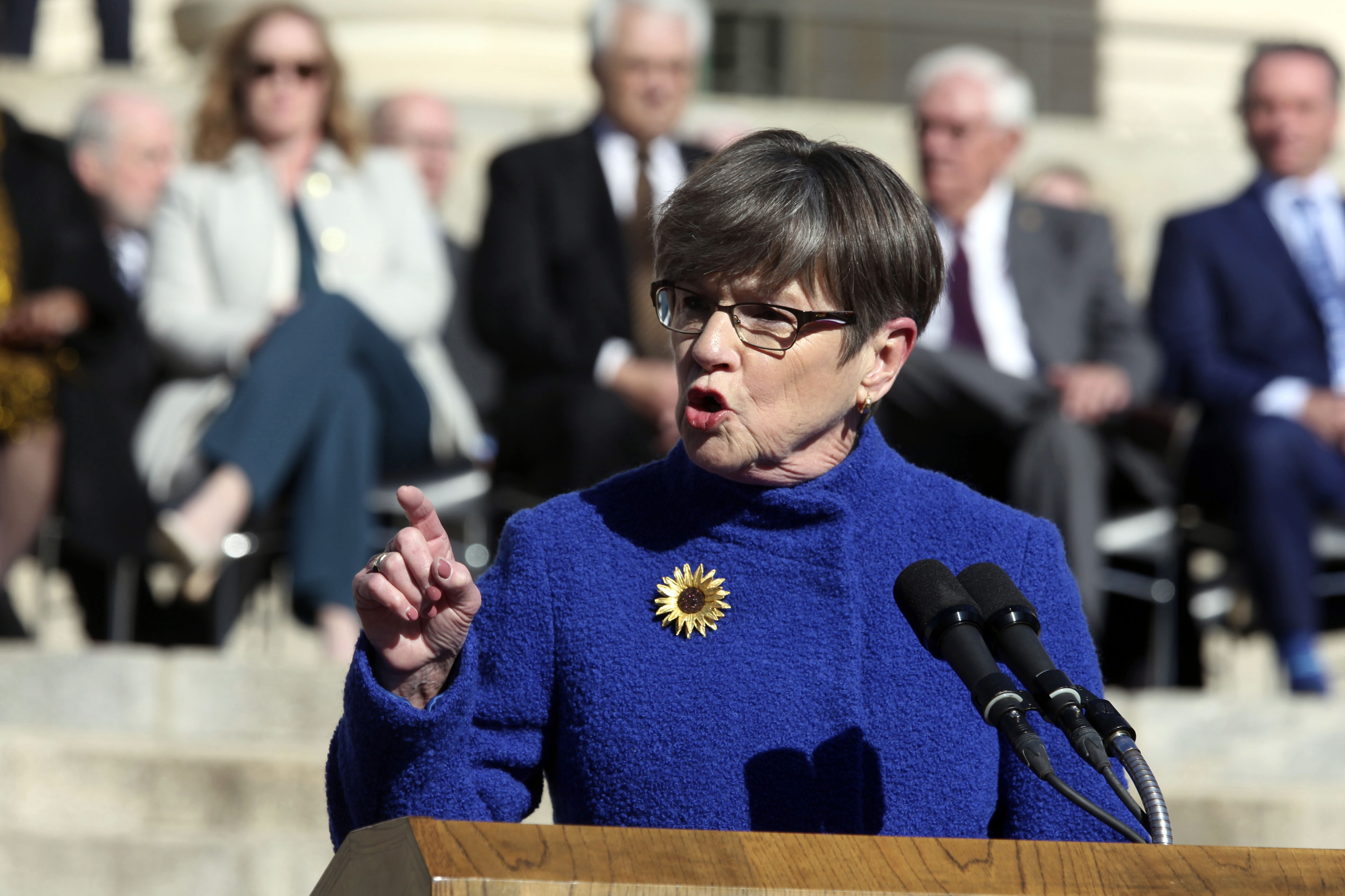 FILE - Kansas Gov. Laura Kelly gives her inaugural address to start her second term in office, Monday, Jan. 9, 2023, outside the Statehouse in Topeka, Kan. The Democratic governor has vetoed Republican bill, Wednesday, APril 19, 2023, that would require abortion providers to tell their patients that a medication abortion can be stopped using an unproven approach touted by anti-abortion groups. (AP Photo/John Hanna)