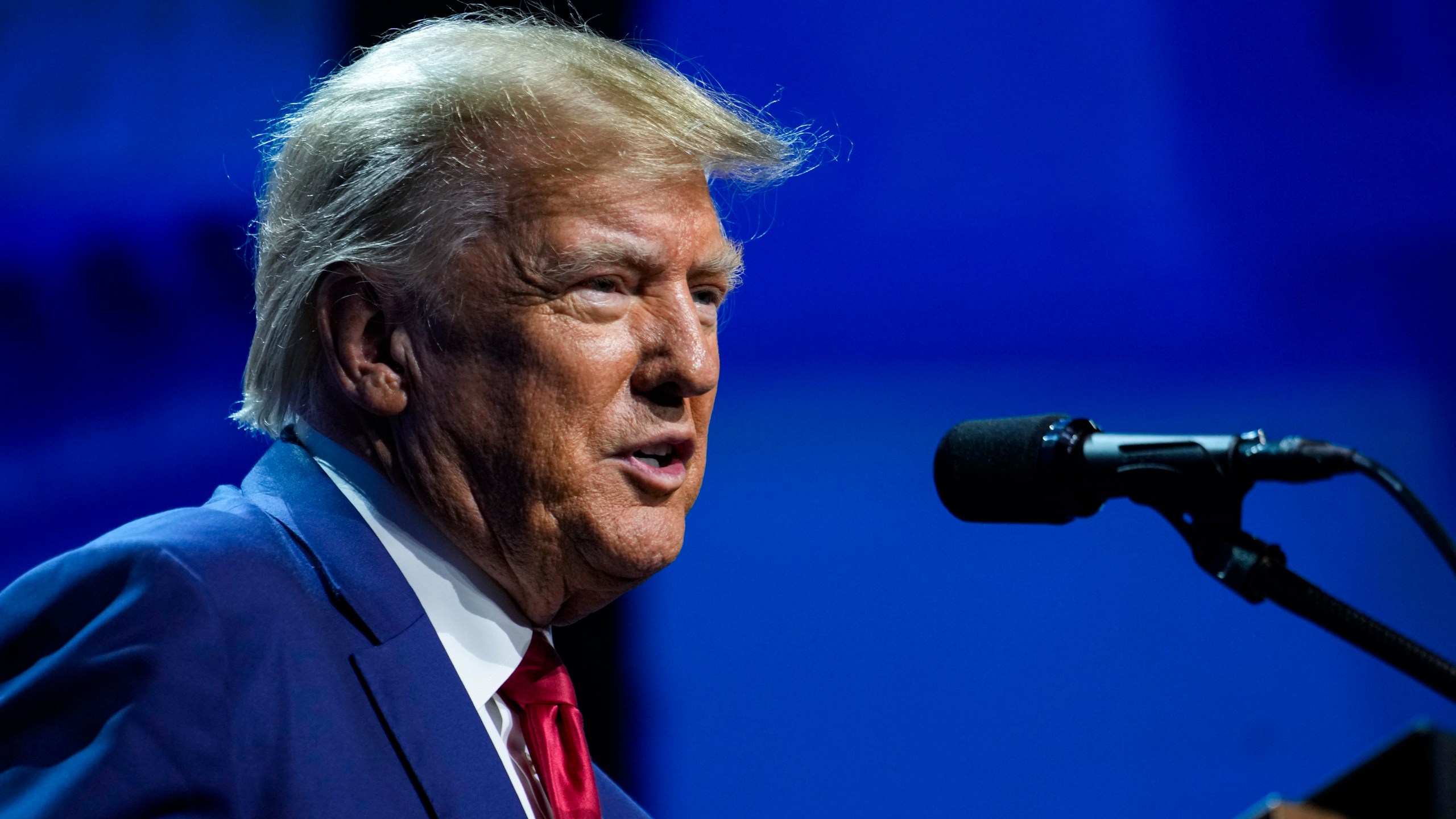 Former President Donald Trump speaks at the National Rifle Association Convention in Indianapolis, Friday, April 14, 2023. (AP Photo/Michael Conroy)