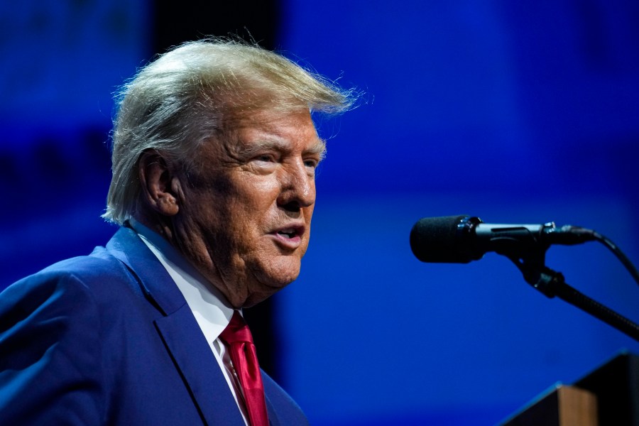 Former President Donald Trump speaks at the National Rifle Association Convention in Indianapolis, Friday, April 14, 2023. (AP Photo/Michael Conroy)