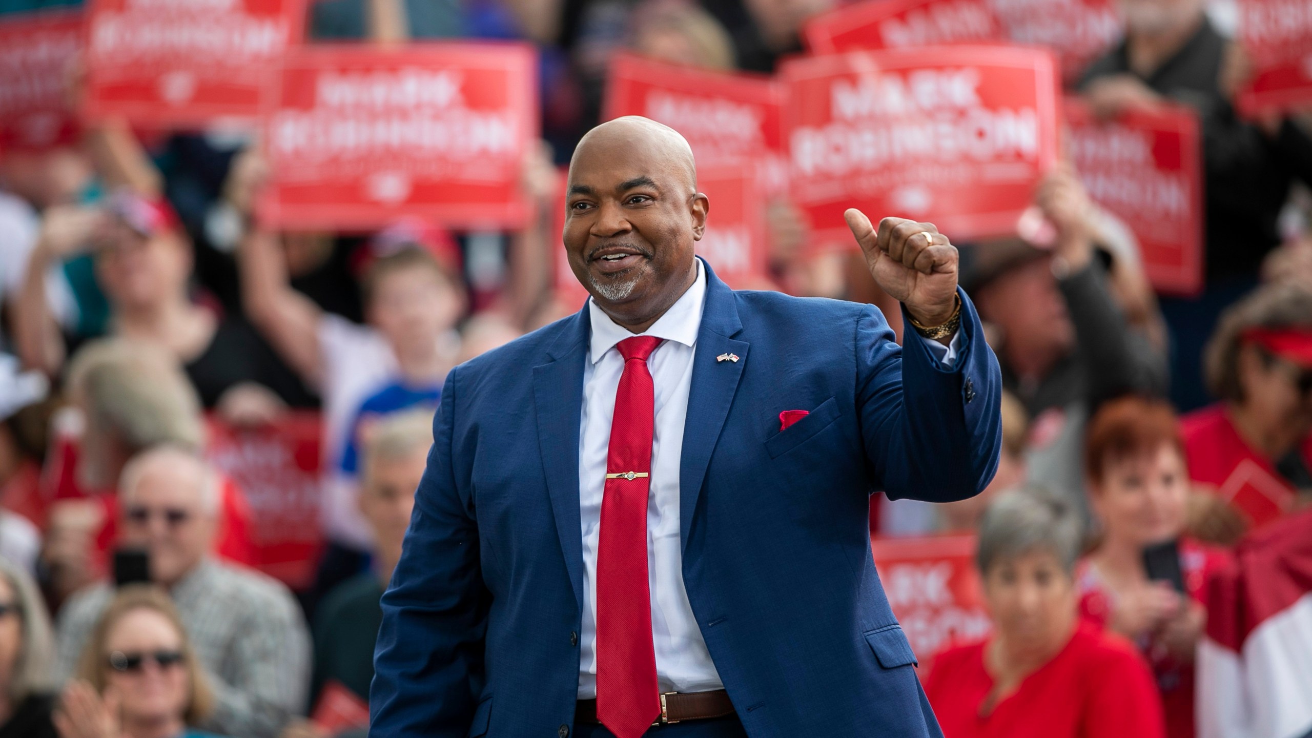 North Carolina Lt. Gov. Mark Robinson arrives for a rally where he announced his candidacy for governor, Saturday, April 22, 2023, at Ace Speedway in Elon, N.C. (Robert Willett/The News & Observer via AP)