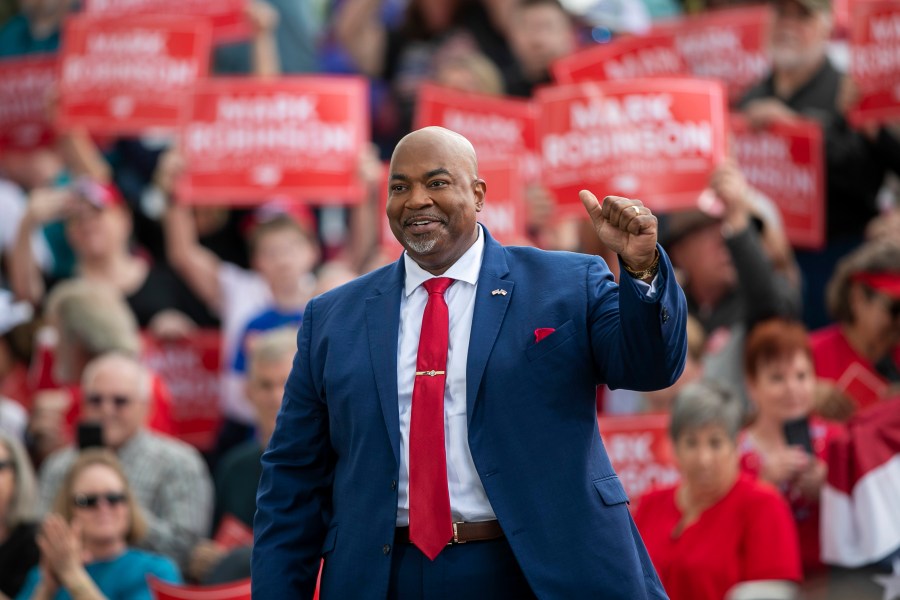 North Carolina Lt. Gov. Mark Robinson arrives for a rally where he announced his candidacy for governor, Saturday, April 22, 2023, at Ace Speedway in Elon, N.C. (Robert Willett/The News & Observer via AP)