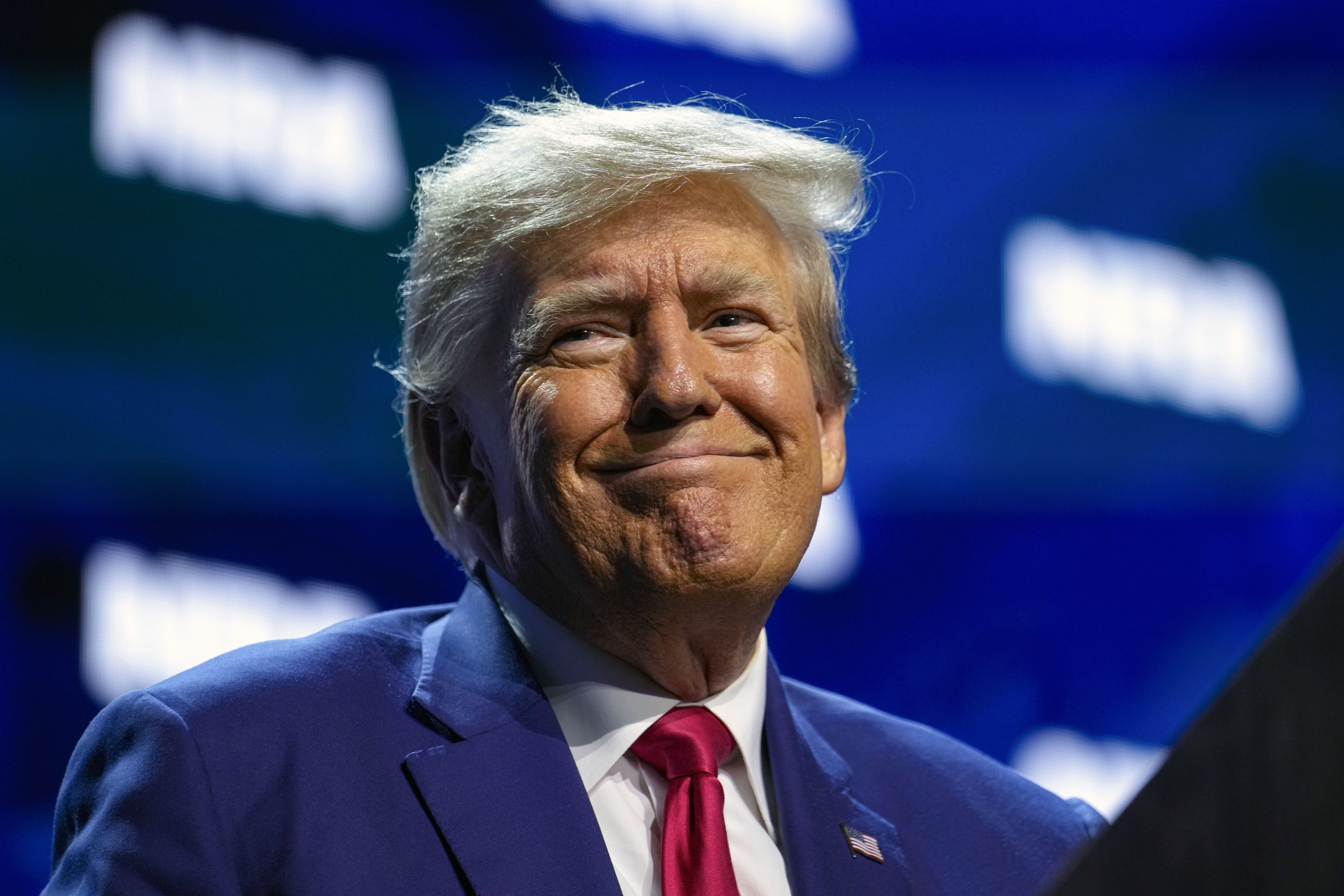 FILE - Former President Donald Trump speaks at the National Rifle Association Convention in Indianapolis, Friday, April 14, 2023. Ten Republican White House hopefuls will be speaking Saturday, April 22, at the Iowa Faith and Freedom Coalition’s annual spring fundraiser that marks the unofficial launch of the 2024 Iowa caucus campaign. Trump, former Vice President Mike Pence and U.S. Sen. Tim Scott of South Carolina are among the top declared and expected candidates set to speak at the event, though Trump will be appearing via video. (AP Photo/Michael Conroy, File)