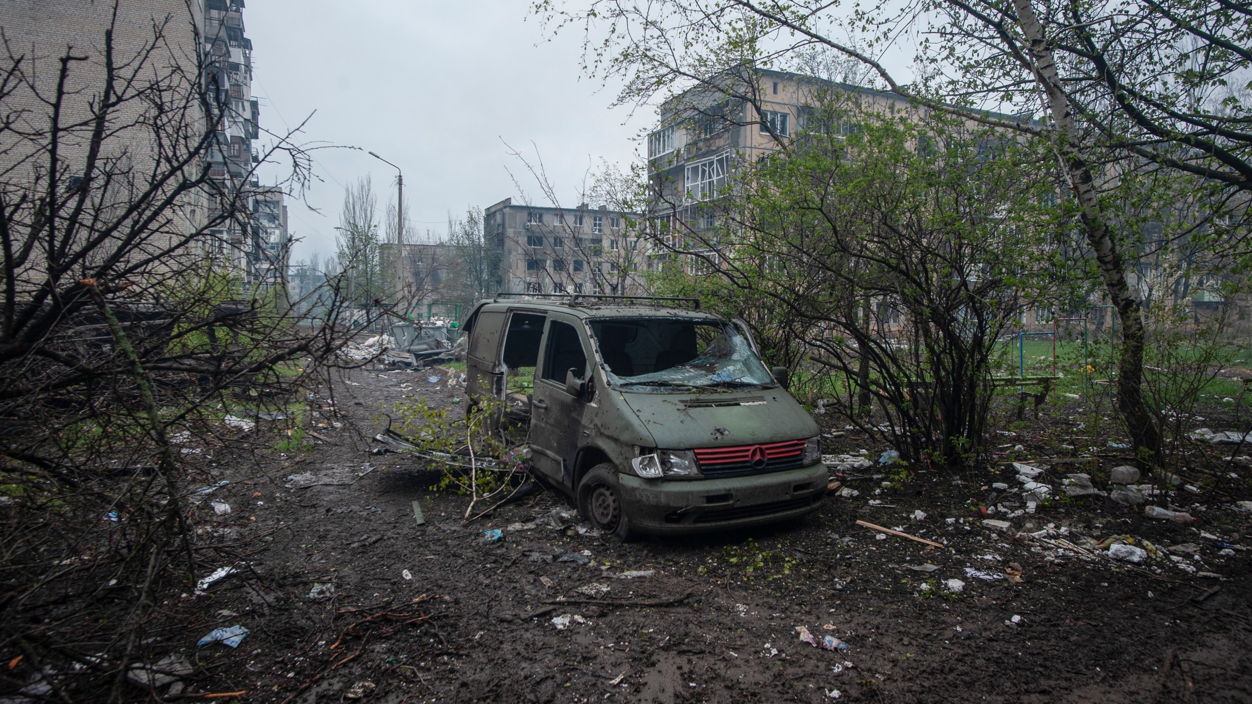 A general view of Bakhmut, the site of heavy battles with Russian troops in the Donetsk region, Ukraine, Friday, April 21, 2023. (Iryna Rybakova via AP)