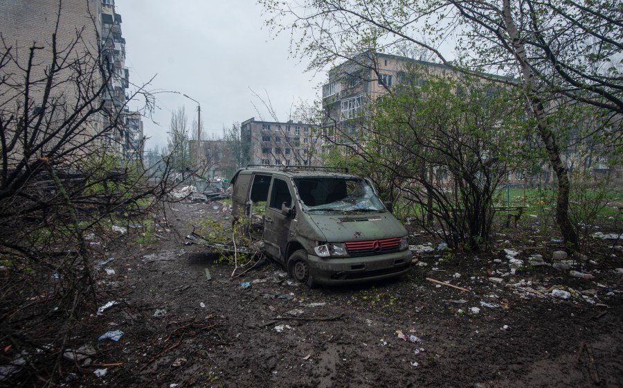 A general view of Bakhmut, the site of heavy battles with Russian troops in the Donetsk region, Ukraine, Friday, April 21, 2023. (Iryna Rybakova via AP)