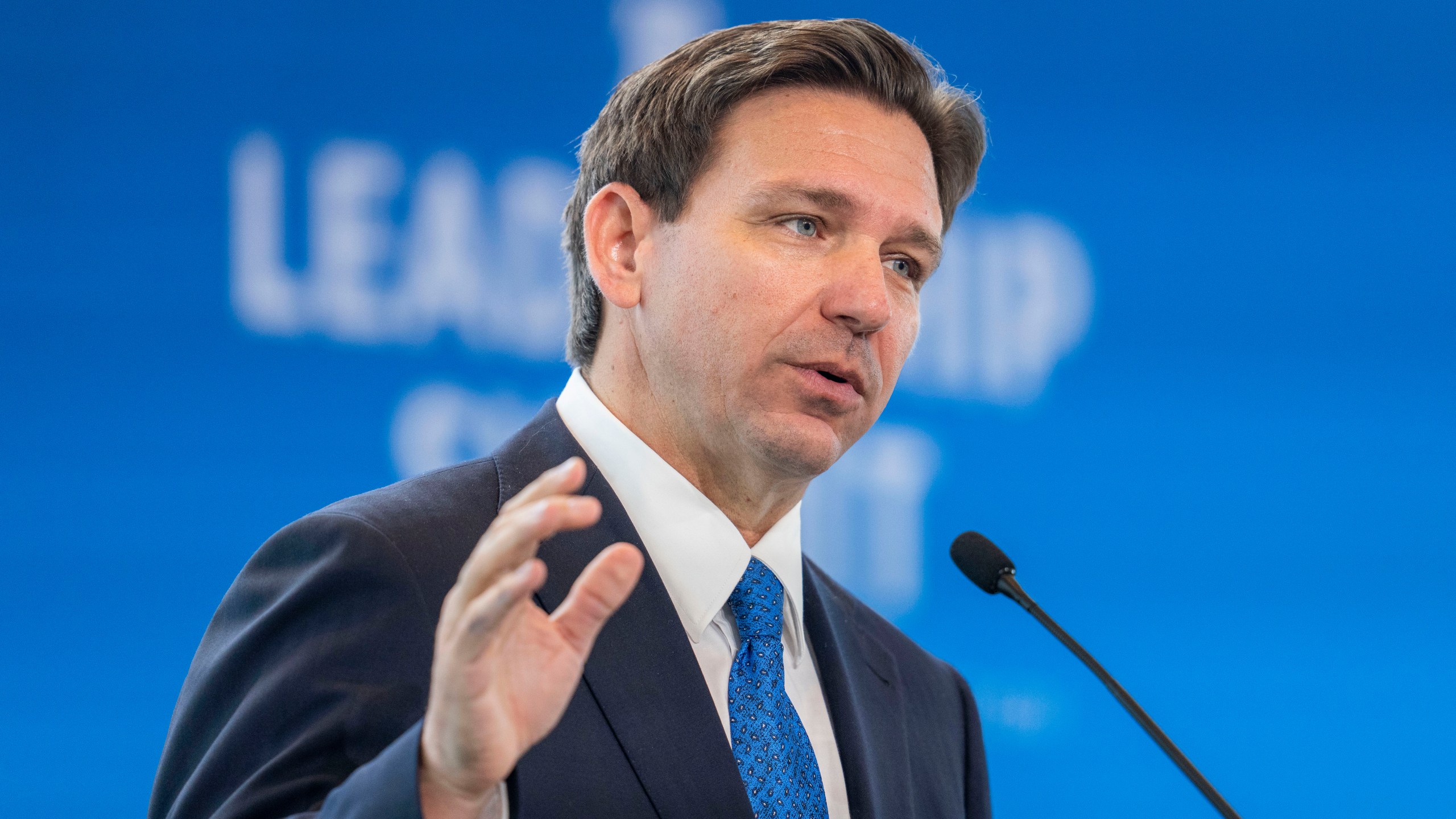 FILE - Florida Gov. Ron DeSantis speaks at the Heritage Foundation 50th Anniversary Celebration leadership summit, Friday, April 21, 2023, in Oxon Hill, Md. A new sense of urgency is growing among DeSantis’ allies as emboldened critics within his own party, especially President Donald Trump, work to undermine his presidential campaign before it begins. (AP Photo/Alex Brandon, File)