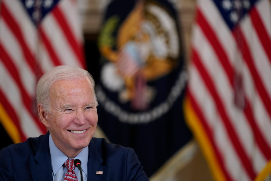 FILE - President Joe Biden listens to a reporter's question during a meeting with the President's Council of Advisors on Science and Technology in the State Dining Room of the White House, Tuesday, April 4, 2023, in Washington. (AP Photo/Patrick Semansky, File)