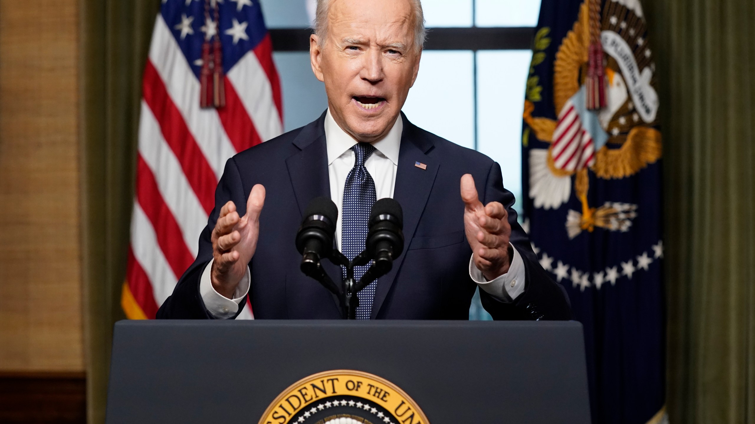 FILE - President Joe Biden speaks from the Treaty Room in the White House on April 14, 2021, about the withdrawal of the remainder of U.S. troops from Afghanistan. (AP Photo/Andrew Harnik, Pool, File)