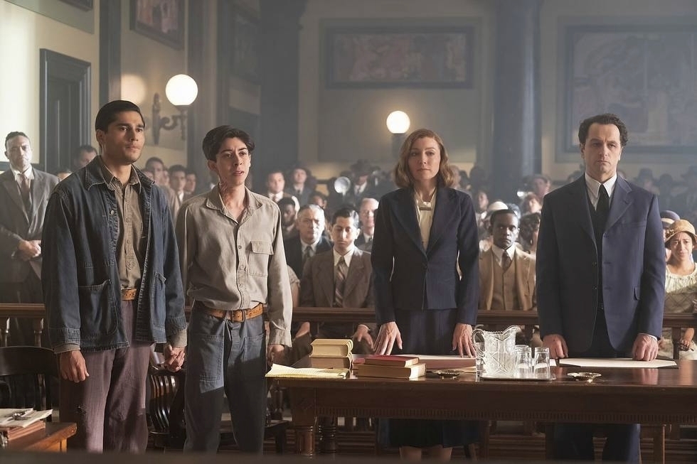 This image released by HBO Max shows Peter Mendoza, from left, Fabrizio Guido, Juliet Rylance and Matthew Rhys in a scene from "Perry Mason." (HBO Max via AP)