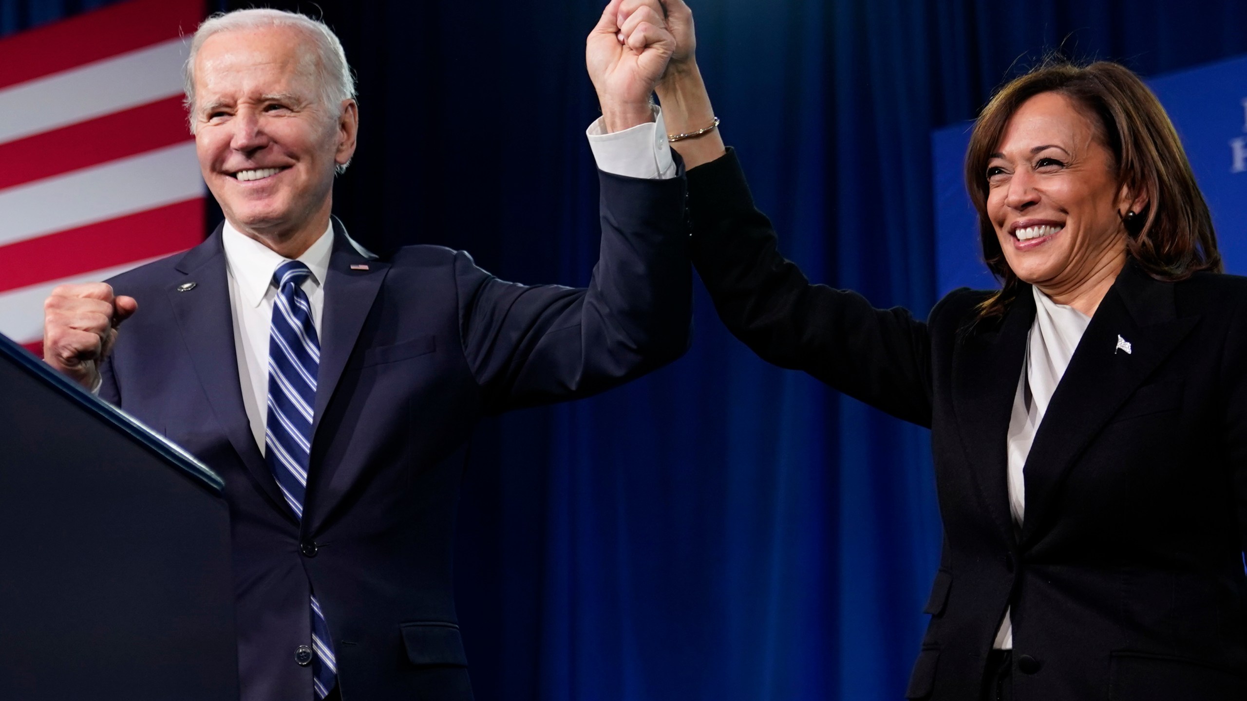 FILE - President Joe Biden and Vice President Kamala Harris stand on stage at the Democratic National Committee winter meeting, Feb. 3, 2023, in Philadelphia. Harris is poised to play a critical role in next year's election as President Joe Biden seeks a second term. (AP Photo/Patrick Semansky, File)