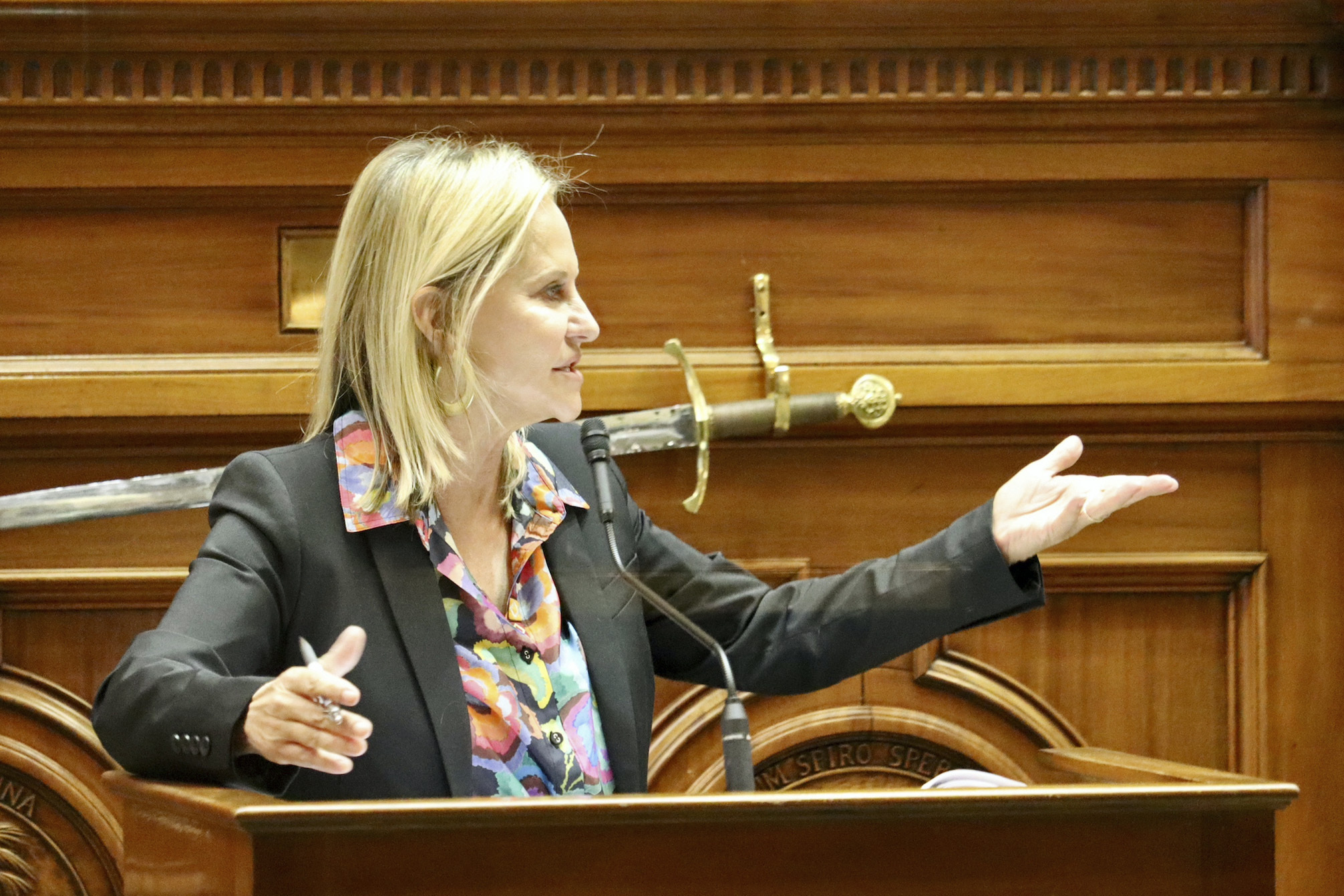 South Carolina Republican Sen. Sandy Senn speaks against a near-total abortion ban, Wednesday, April 26, 2023, in Columbia, S.C. The South Carolina Senate rejected the bill Thursday, April 27. (AP Photo/James Pollard)