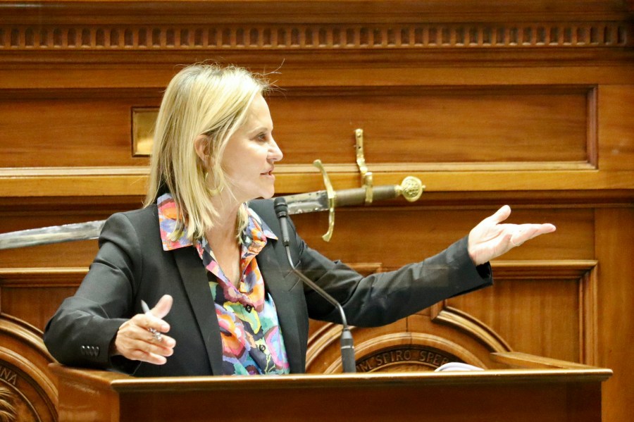 South Carolina Republican Sen. Sandy Senn speaks against a near-total abortion ban, Wednesday, April 26, 2023, in Columbia, S.C. The South Carolina Senate rejected the bill Thursday, April 27. (AP Photo/James Pollard)