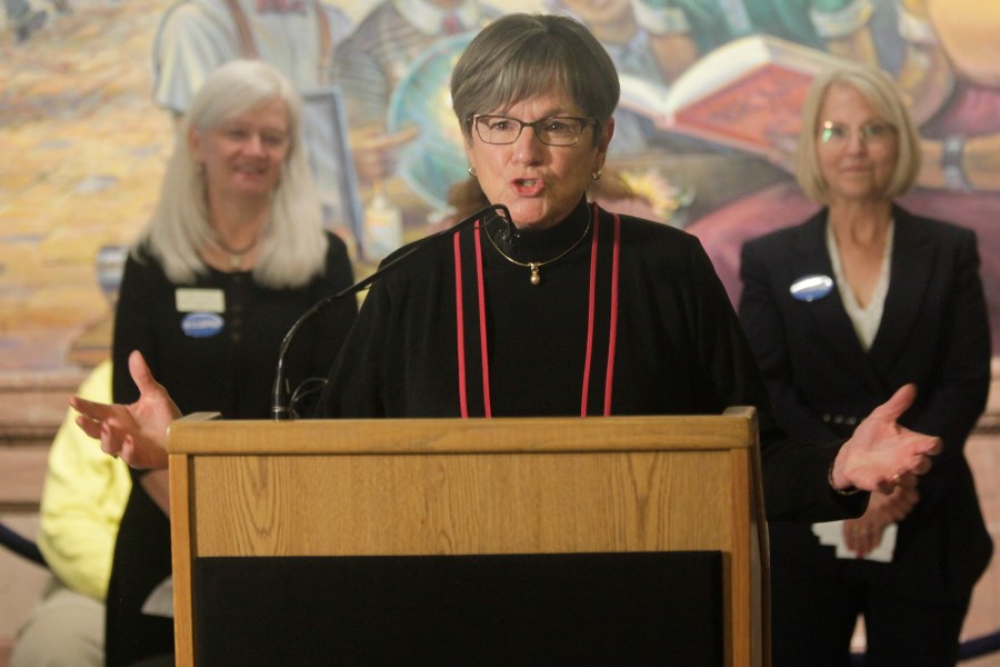 Kansas Gov. Laura Kelly speaks during an event at the Kansas Statehouse, Tuesday, April 25, 2023, in Topeka, Kansas. The Democratic governor vetoed a bill that would allow providers to be prosecuted criminally over allegations about their care of newborns delivered during certain abortion procedures but the Republican-controlled Legislature overrode her action. (AP Photo/John Hanna)