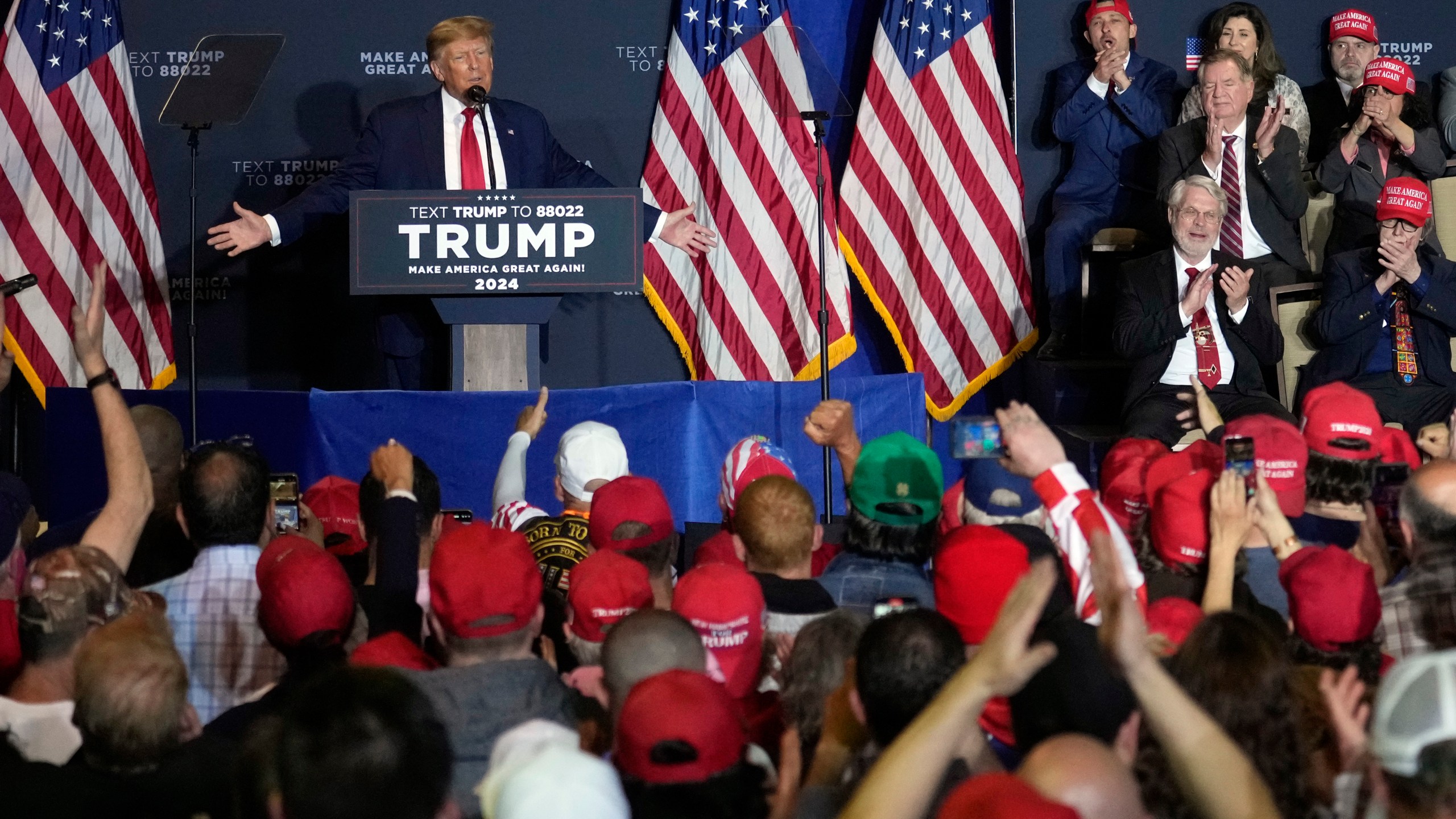 Former President Donald Trump speaks at a campaign event Thursday, April 27, 2023, in Manchester, N.H. (AP Photo/Charles Krupa)