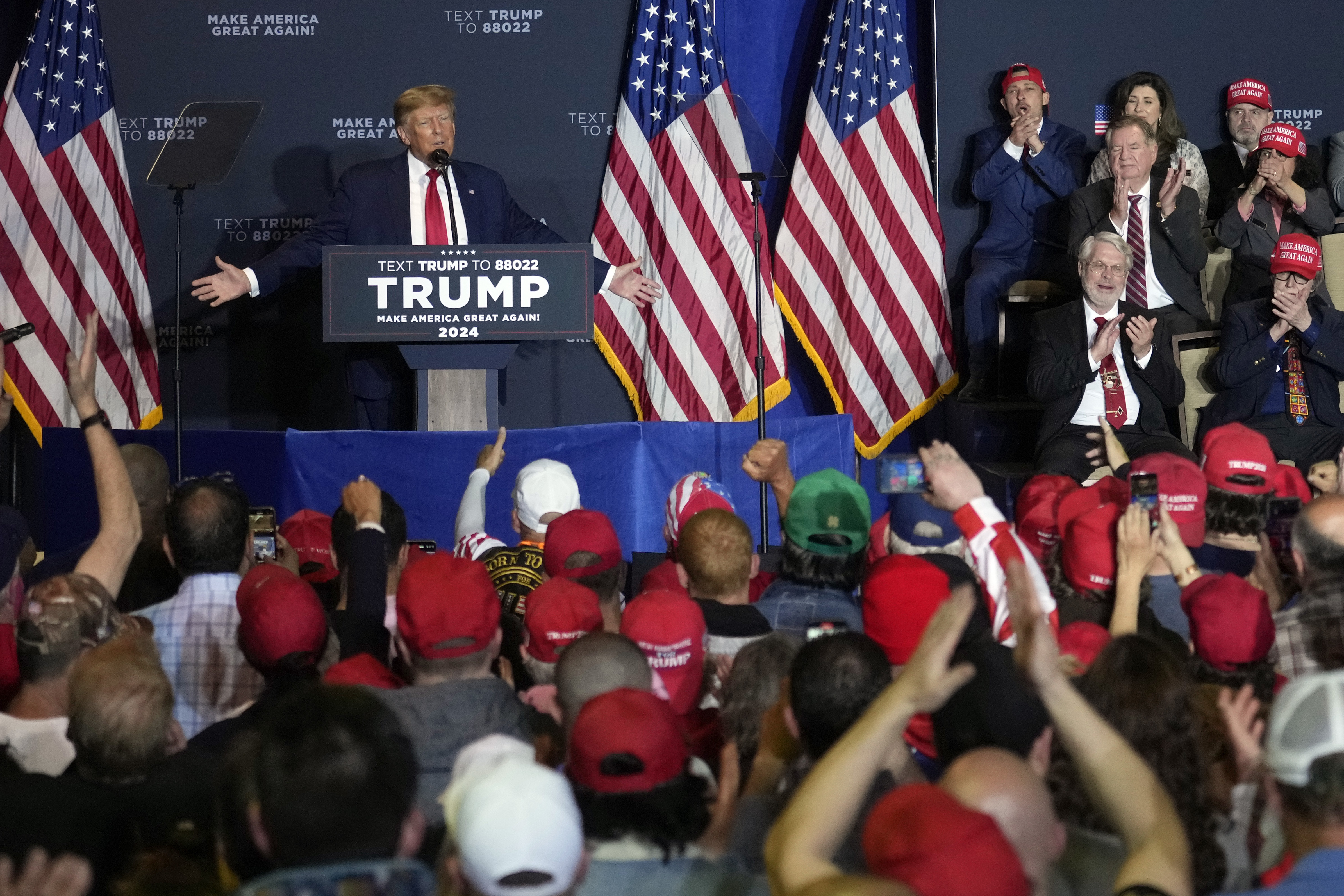 Former President Donald Trump speaks at a campaign event Thursday, April 27, 2023, in Manchester, N.H. (AP Photo/Charles Krupa)