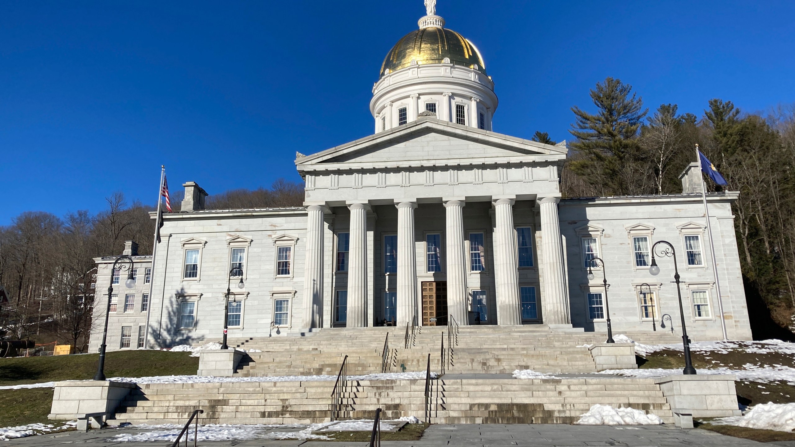 FILE - The Vermont State House stands on Feb. 14, 2023, in Montpelier, Vt. The Vermont Legislature passed reproductive and gender-affirming health care bills Thursday, April 27, with a late addition aimed at protecting access to a medication widely used in abortions even if the U.S. Food and Drug Administration withdraws its approval of the pill, mifepristone. (AP Photo/Lisa Rathke, File)