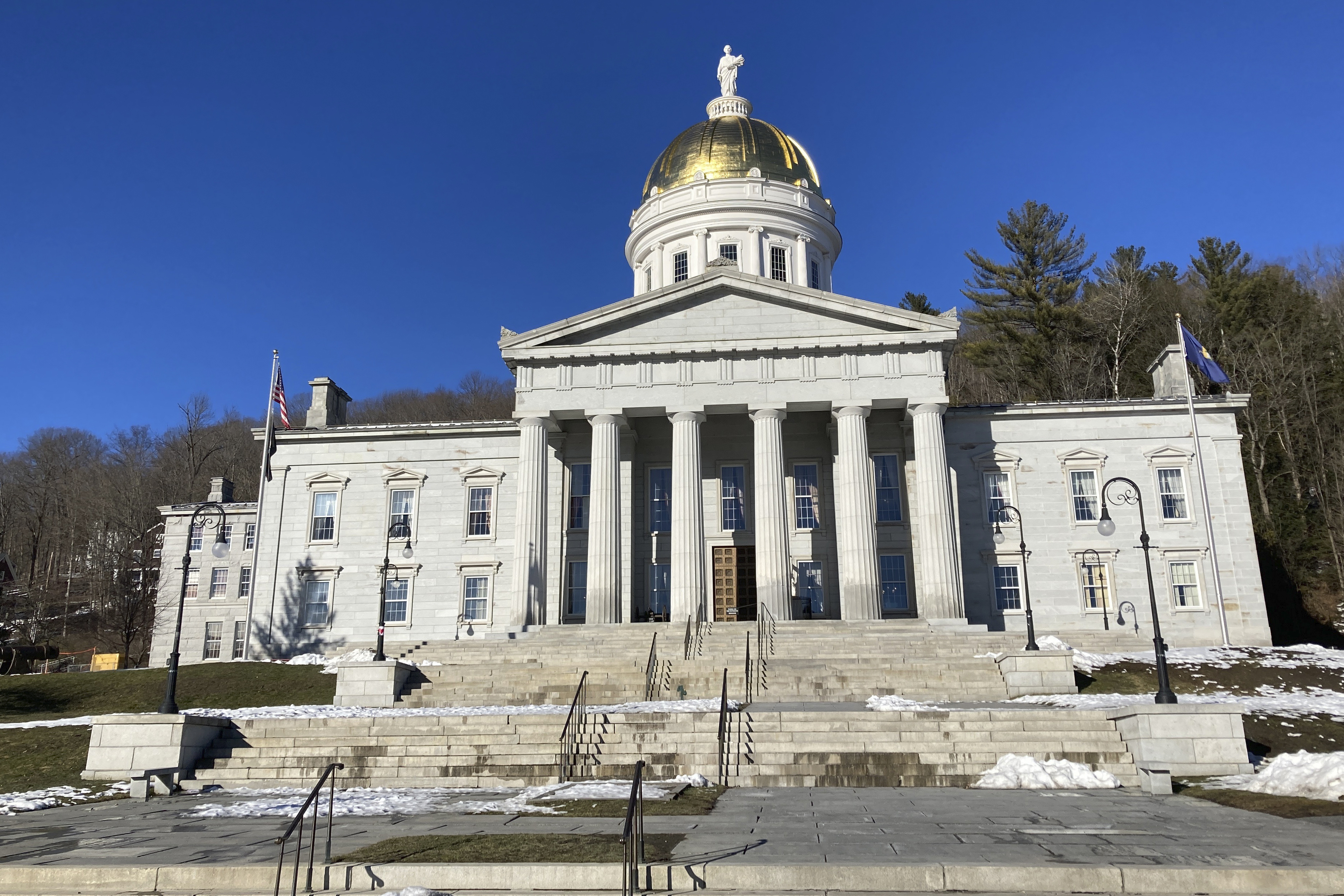 FILE - The Vermont State House stands on Feb. 14, 2023, in Montpelier, Vt. The Vermont Legislature passed reproductive and gender-affirming health care bills Thursday, April 27, with a late addition aimed at protecting access to a medication widely used in abortions even if the U.S. Food and Drug Administration withdraws its approval of the pill, mifepristone. (AP Photo/Lisa Rathke, File)