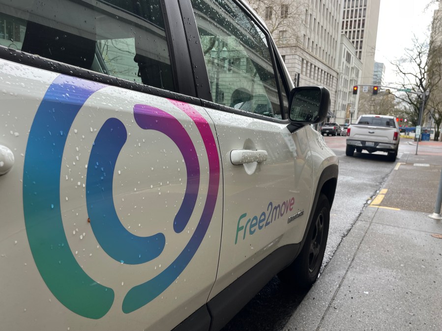 A Free2Move car parked in downtown Portland on April 11, 2023. (Amanda Arden/KOIN)