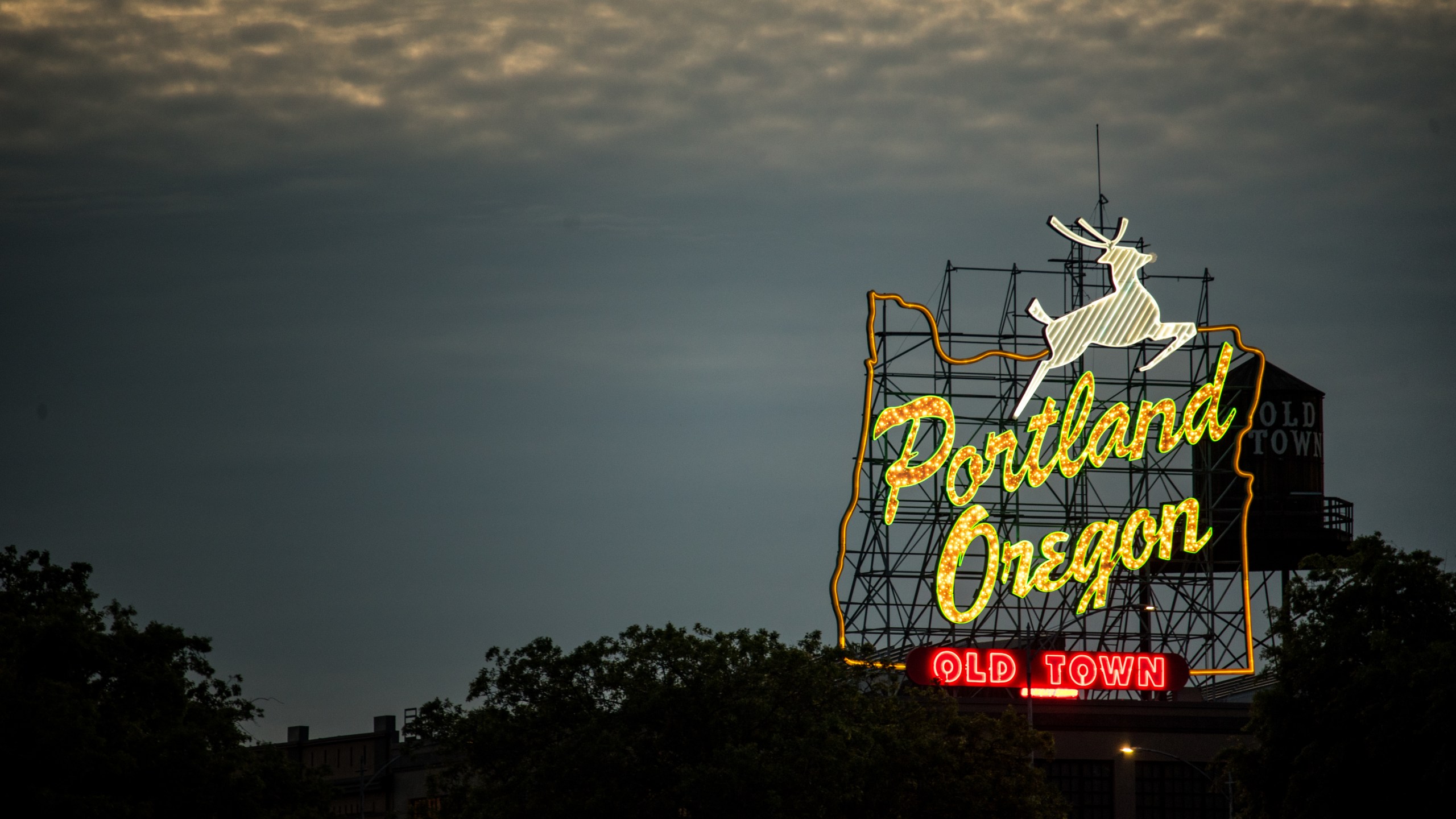 Night-glowing Stag sign in Old Town in Portland, Oregon