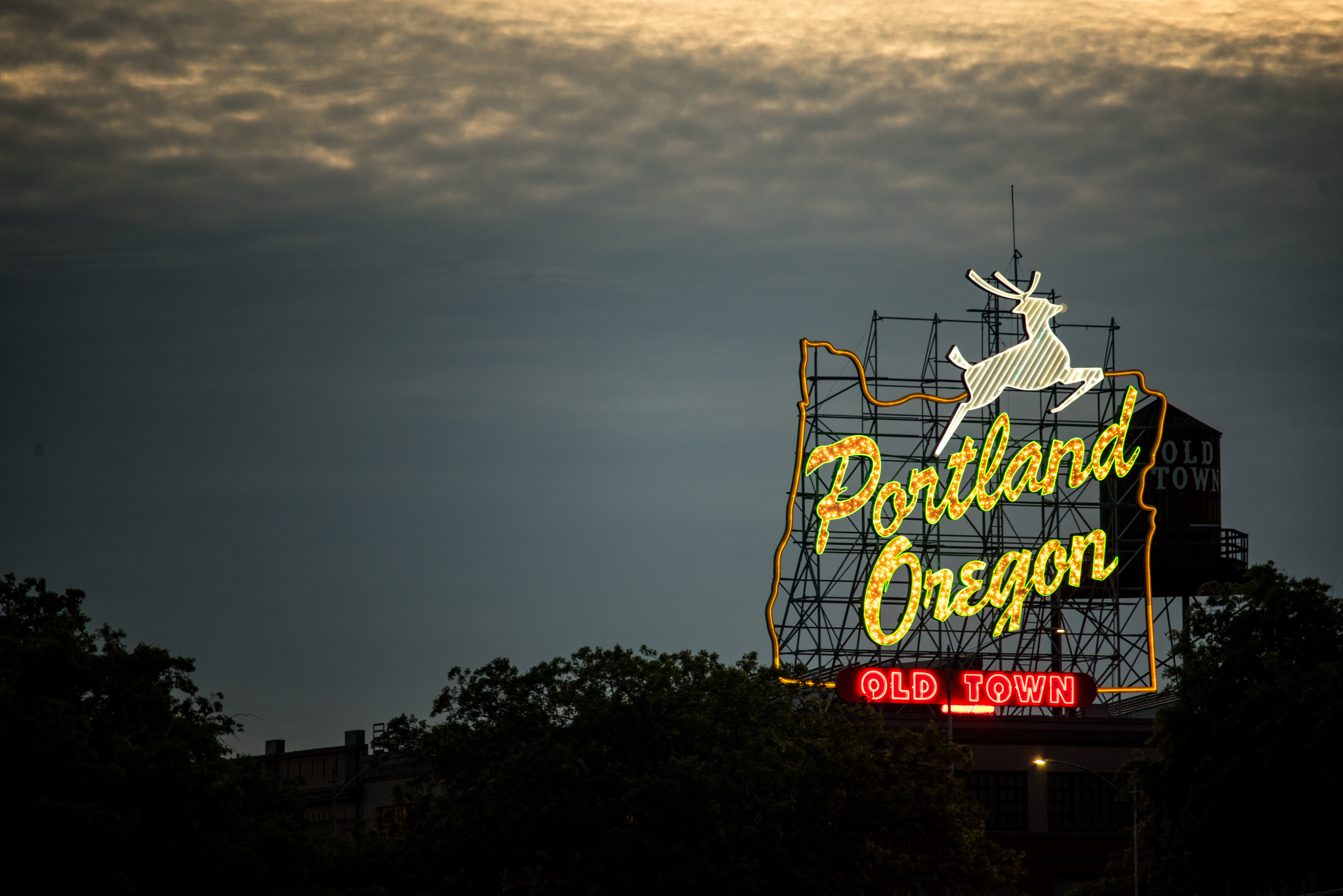 Night-glowing Stag sign in Old Town in Portland, Oregon