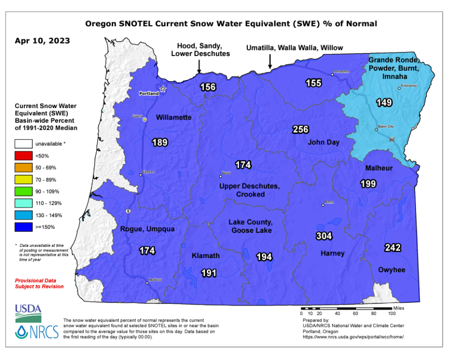 This map shows Oregon's snowpack as of April 10, 2023. The entire state has snowpack levels above median levels. Courtesy U.S. Department of Agriculture