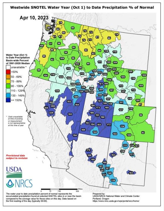 This map shows precipitation percentages across the western United States as of April 10, 2023. In Oregon, some of the state still remains below 100% of median precipitation levels for the water year, which began Oct. 1, 2022. Courtesy U.S. Department of Agriculture