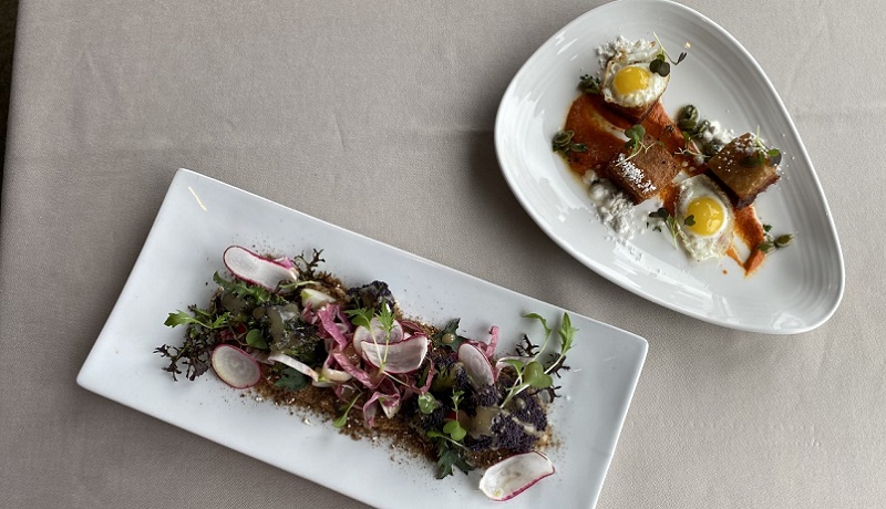 An inventive take on bacon and eggs (right) made by Chef Jack Strong at The Jory in Newberg, April 2023 (KOIN)