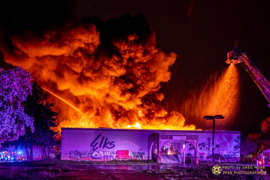 Huge smoke plume emerges as the former Elk Lodge in NE Portland burns on Thursday, April 6, 2023