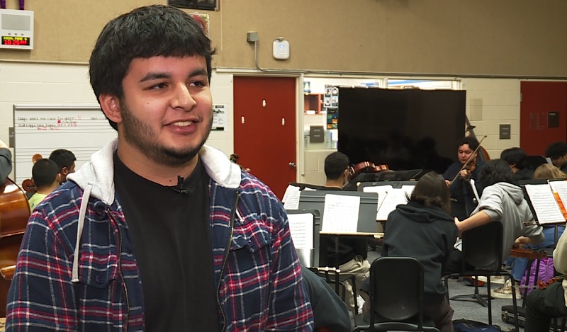 McKay High School senior Alex Sanchez is a French Horn player in the student orchestra, April 2023 (KOIN)